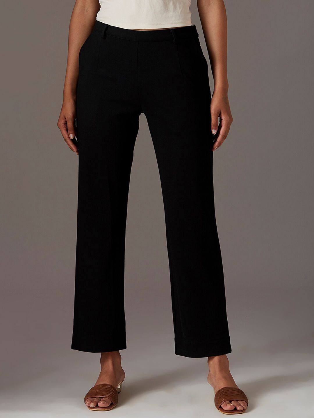 W Women Black Solid Regular Fit Trouser Price in India