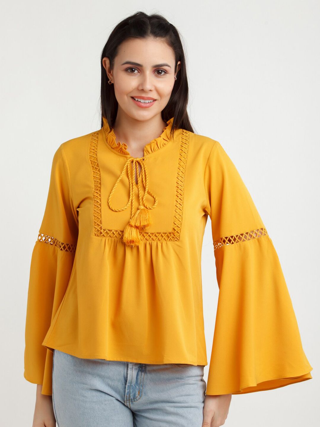 Zink London Yellow Tie-Up Neck Top Price in India