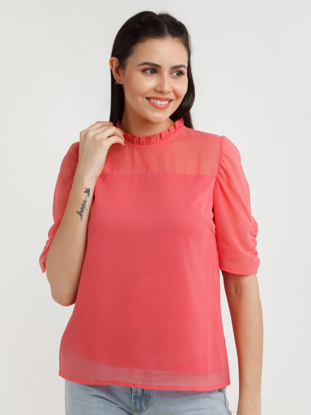 Zink London Coral Roll-Up Sleeves Top Price in India