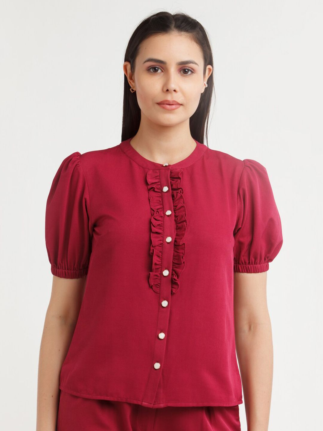 Zink London Maroon Mandarin Collar Shirt Style Top Price in India