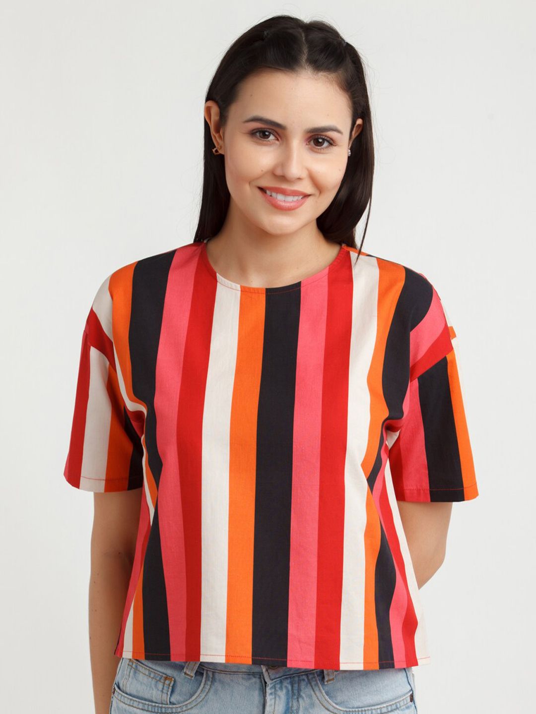 Zink London Red & Black Striped Pure Cotton Top Price in India