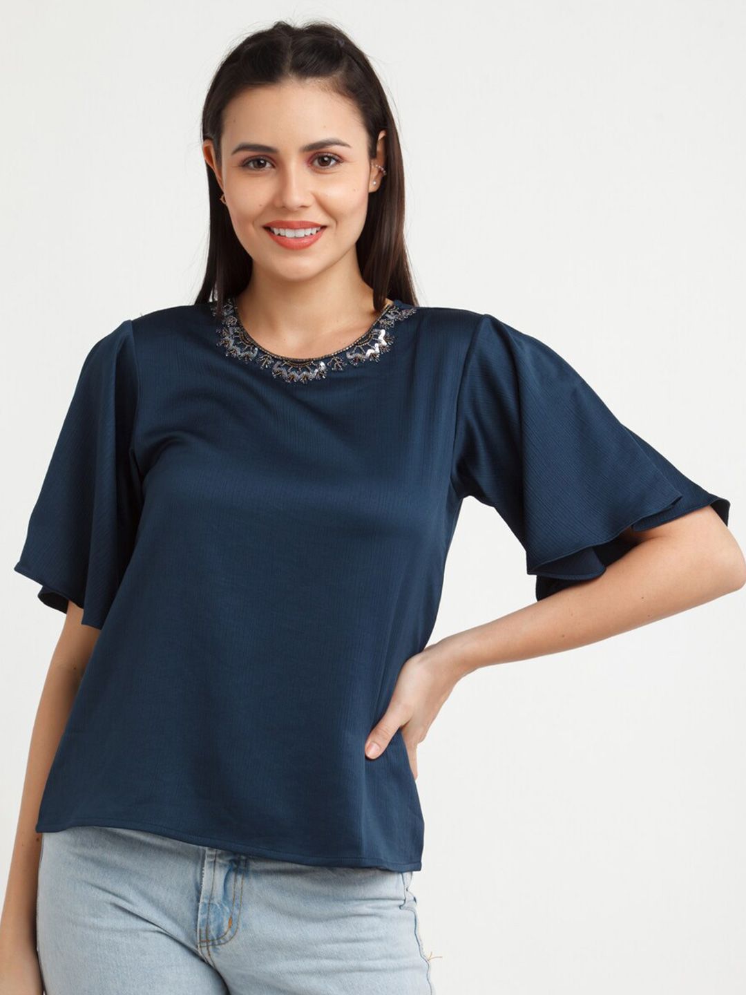 Zink London Navy Blue Solid Flared Sleeve Top Price in India