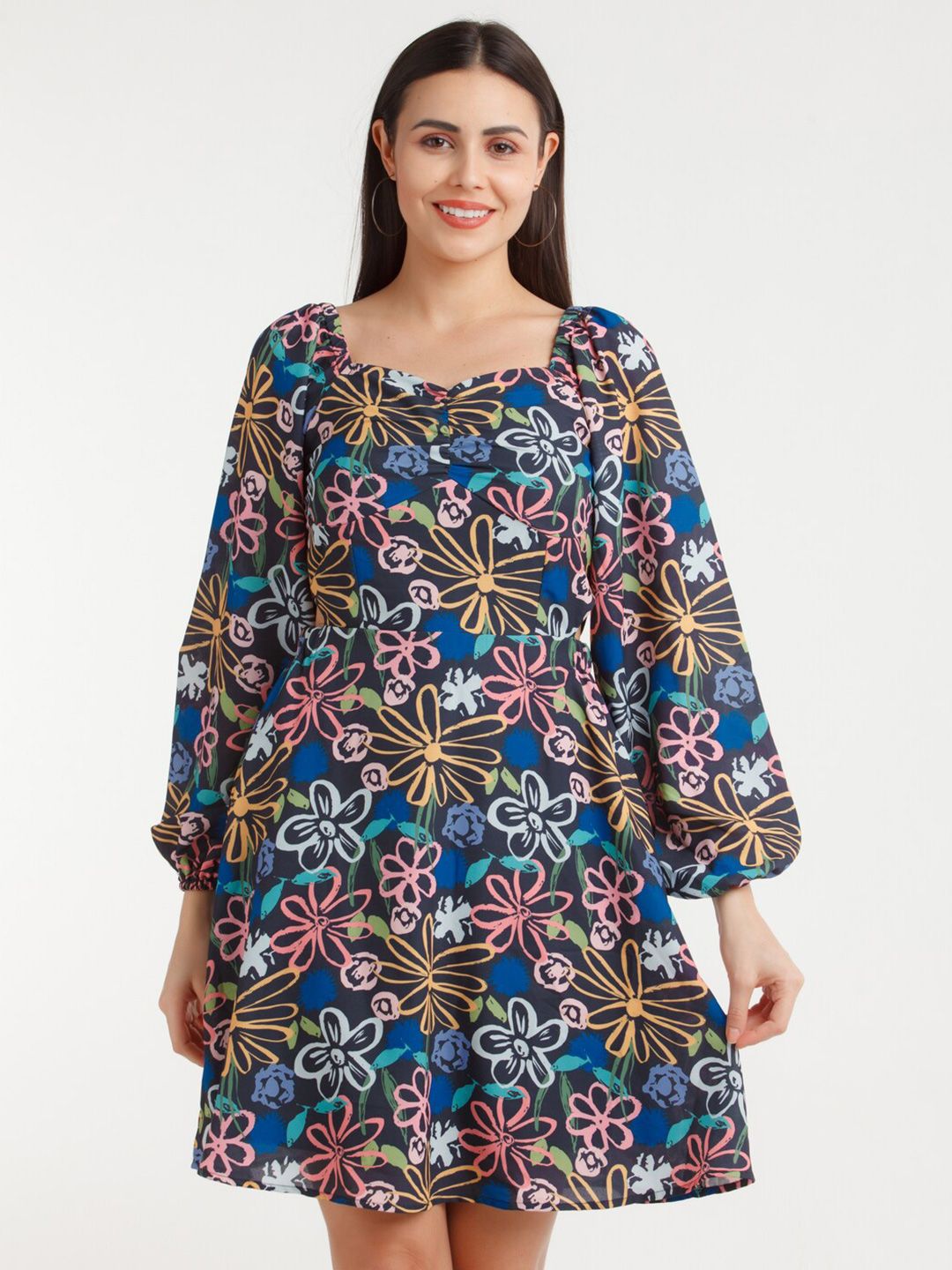 Zink London Black & Yellow Floral A-Line Dress Price in India