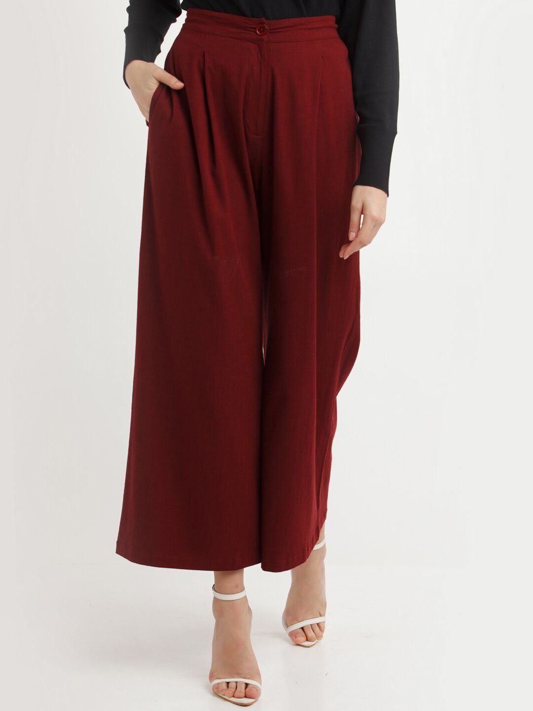 Zink London Women Maroon High-Rise Pleated Parallel Trouser Price in India