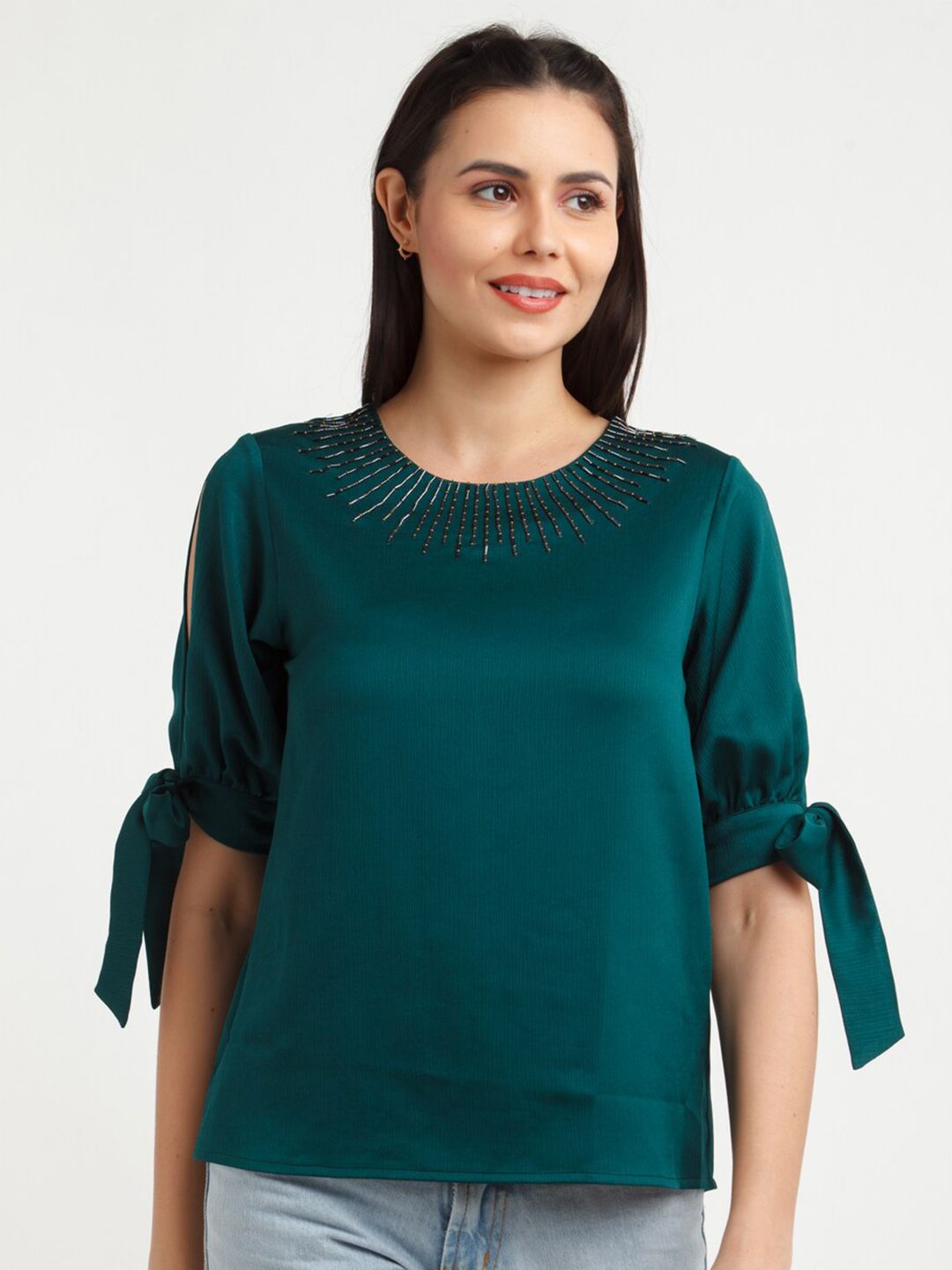 Zink London Green Solid Tie-Up Top Price in India