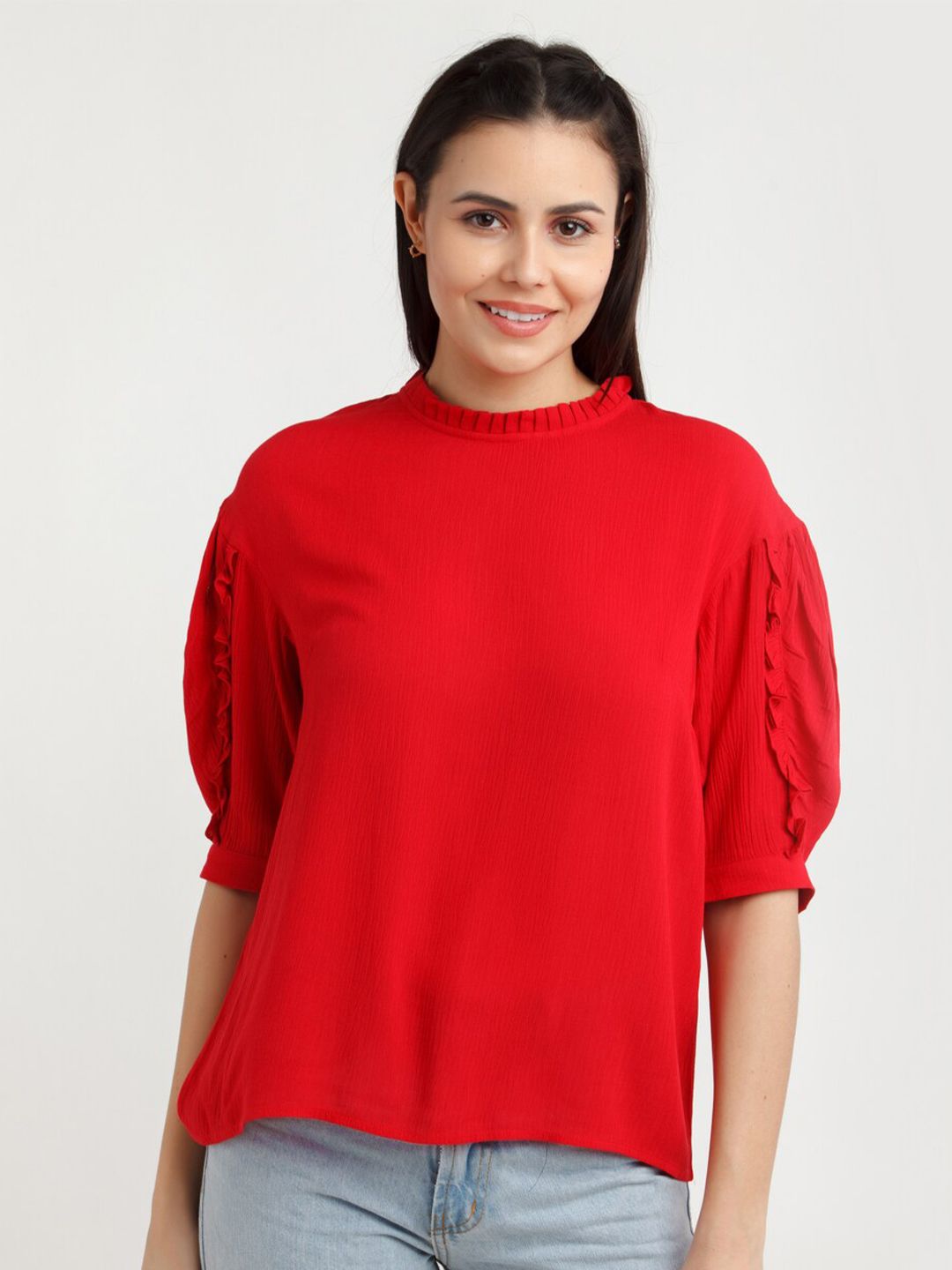 Zink London Red Solid Puff Sleeve Top Price in India