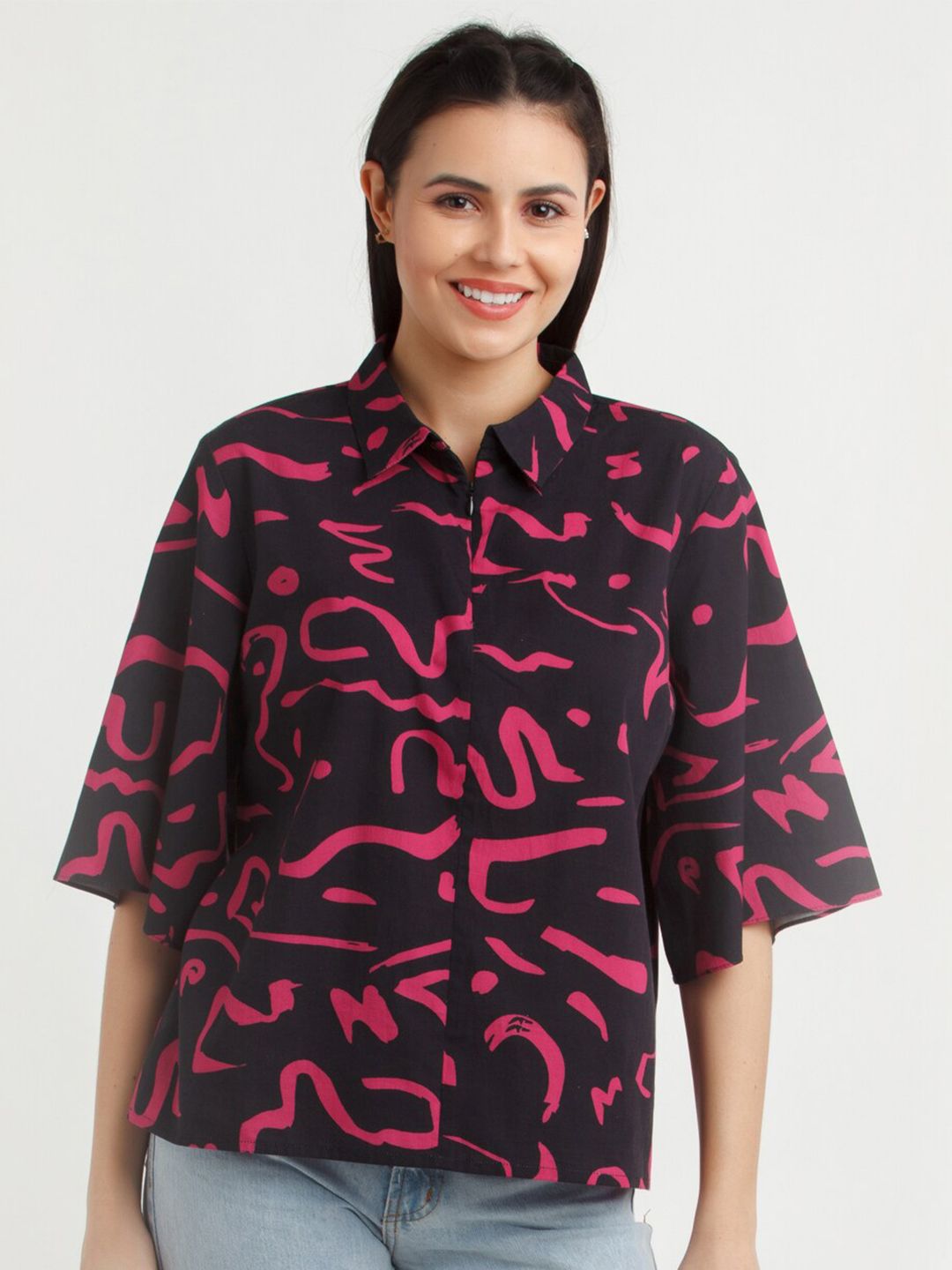 Zink London Black Floral Print Pure Cotton Top Price in India