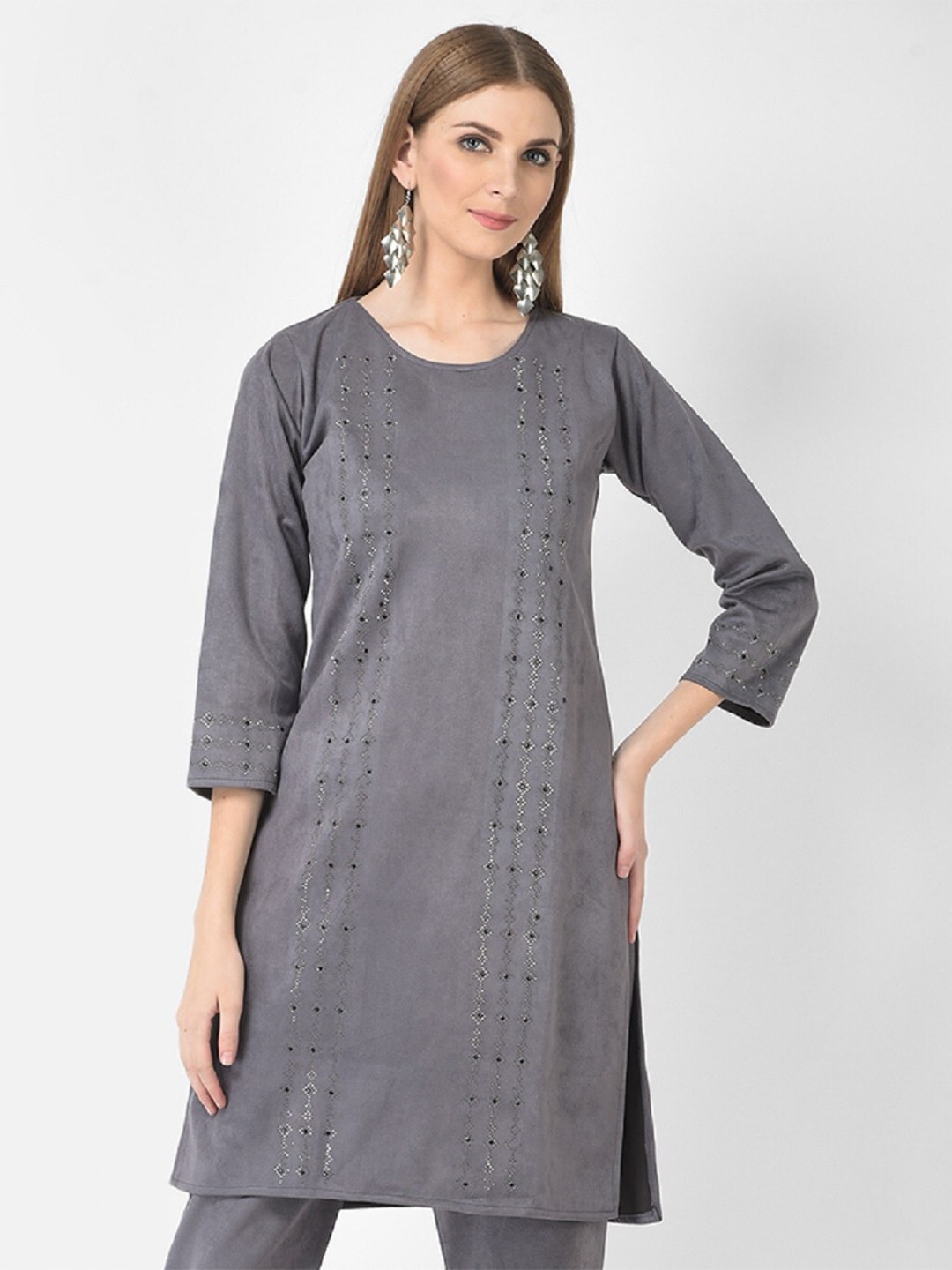 FNOCKS Grey Geometric Embellished Velvet Straight Fit Kurti Price in India
