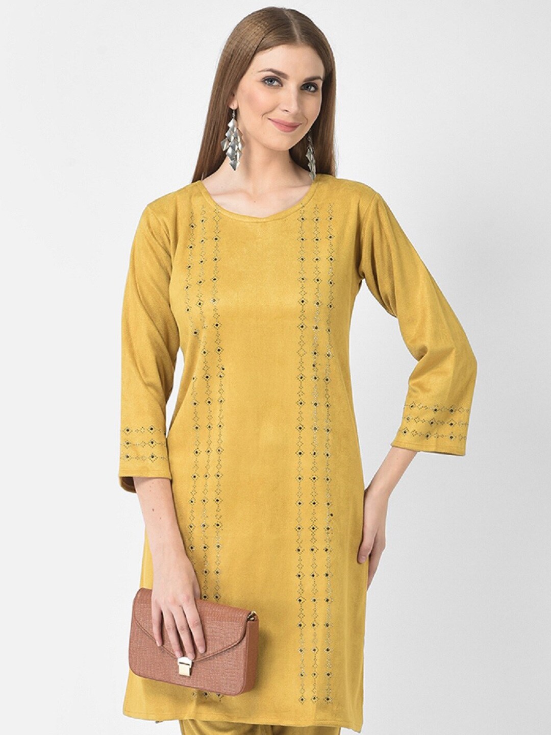 FNOCKS Yellow Geometric Embellished Velvet Straight Fit Kurti Price in India