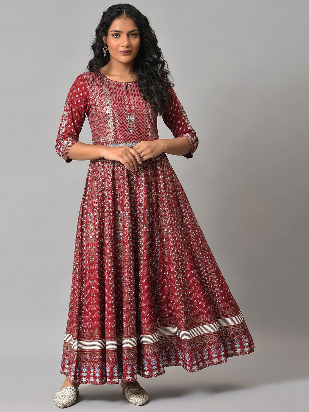 W Red Ethnic Motifs Keyhole Neck Ethnic Maxi Dress Price in India