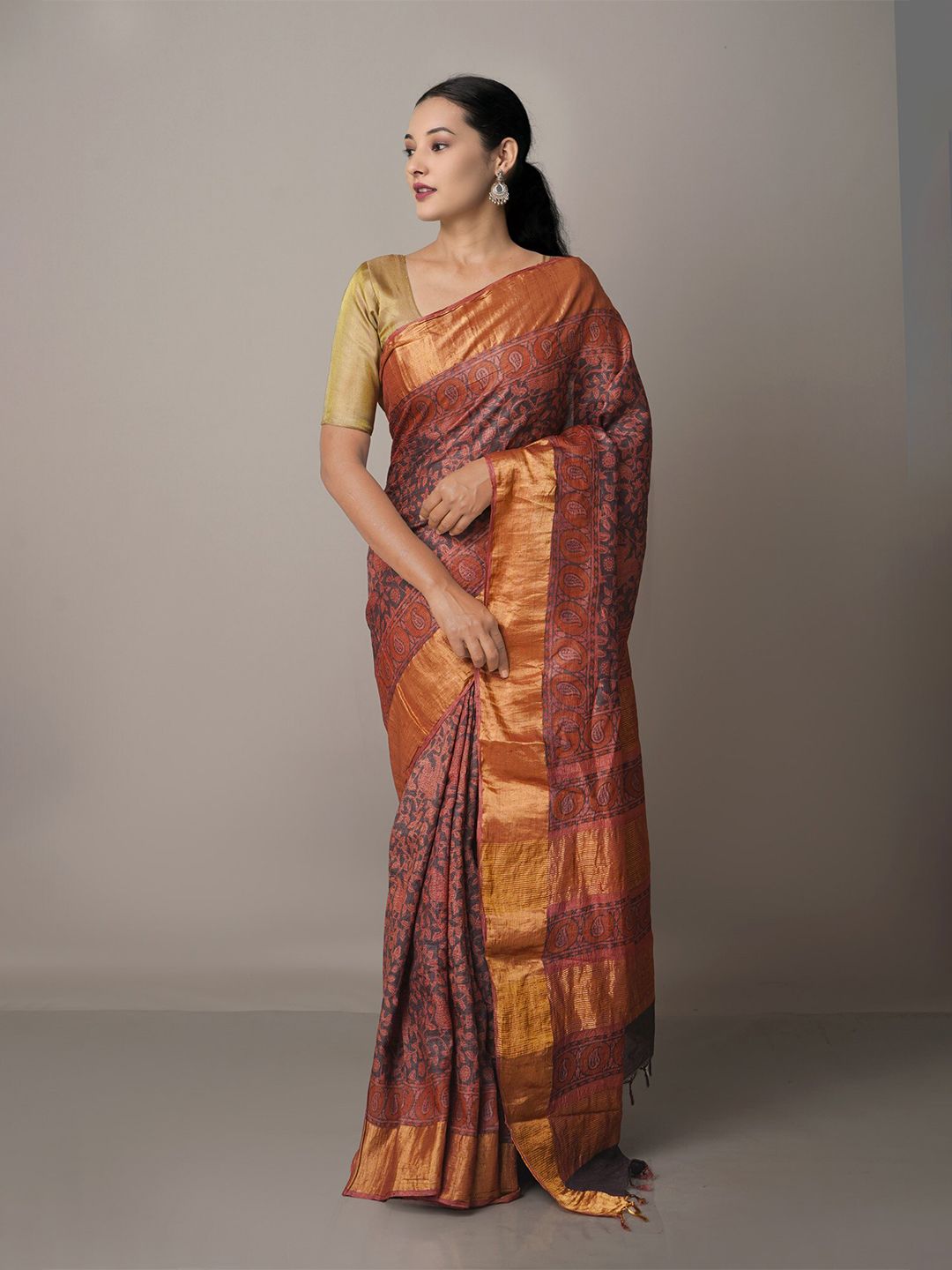 Unnati Silks Black & Gold-Toned Ethnic Motifs Zari Pure Silk Tussar Saree Price in India