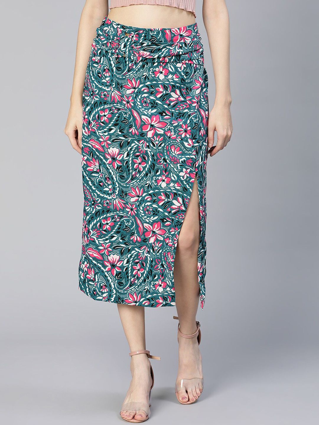 Oxolloxo Women Pink & Teal Green Printed A-Line Skirt Price in India