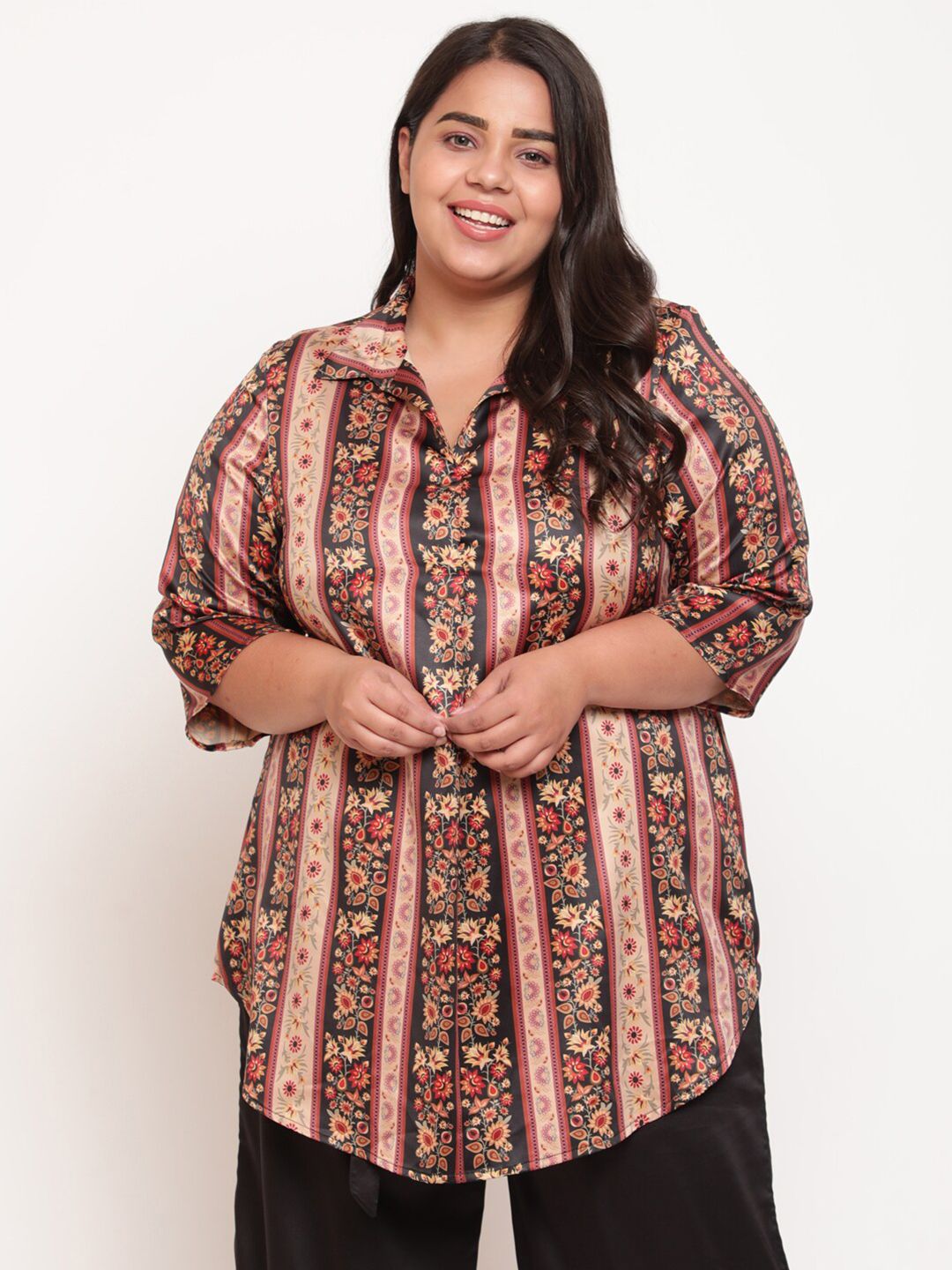 Amydus Beige Print Shirt Style Plus Size Top Price in India