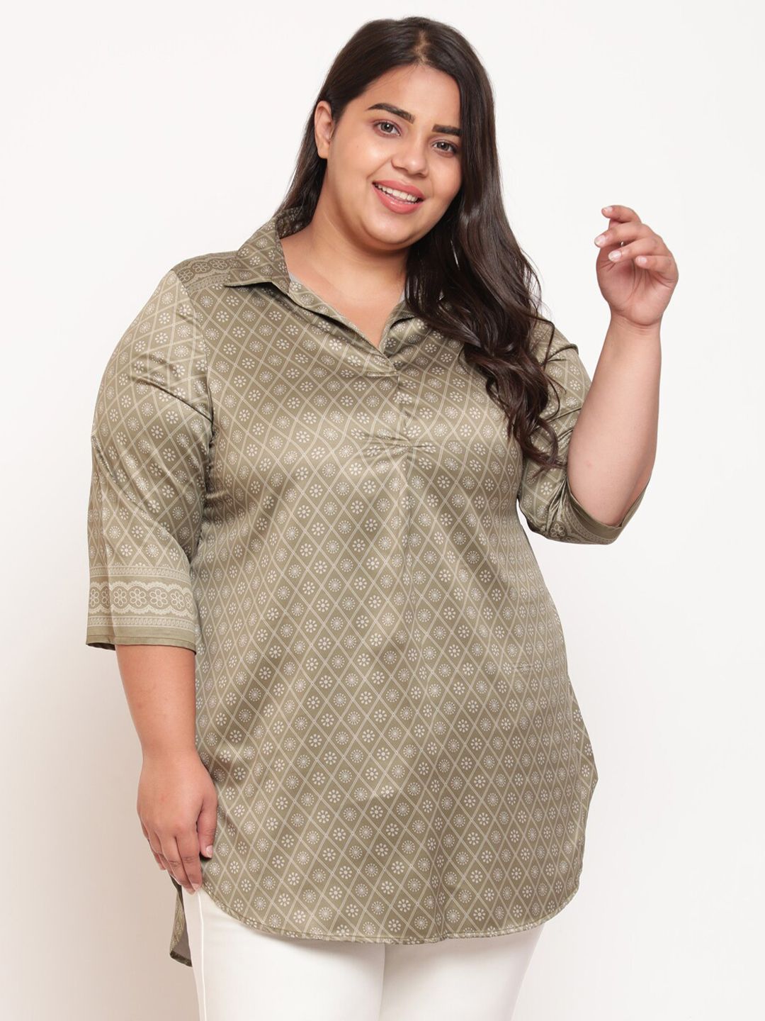 Amydus Green Print Shirt Style Plus Size Top Price in India