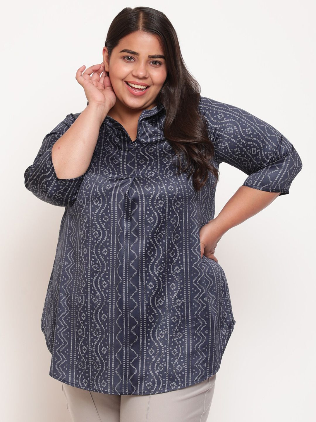 Amydus Navy Blue Print Shirt Style Plus Size Top Price in India