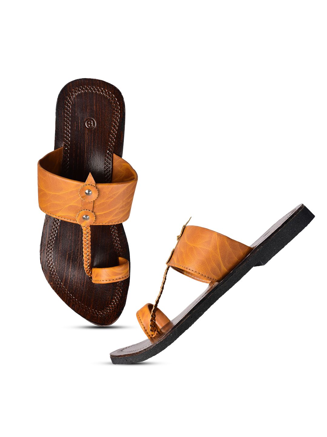 Aristitch Men Tan & Black Leather Comfort Sandals