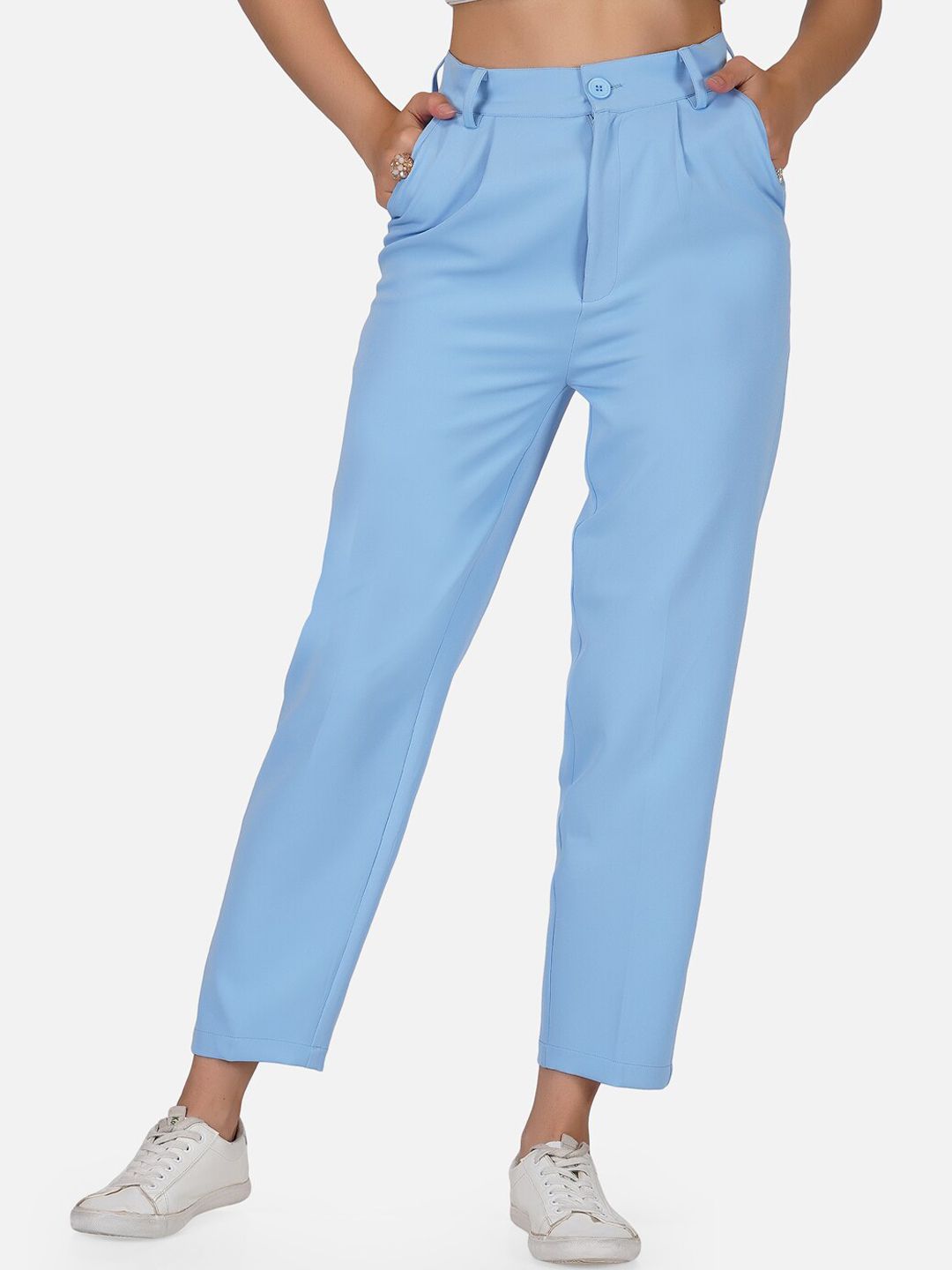 Tinted Women Blue Pencil High-Rise Pleated Trousers Price in India