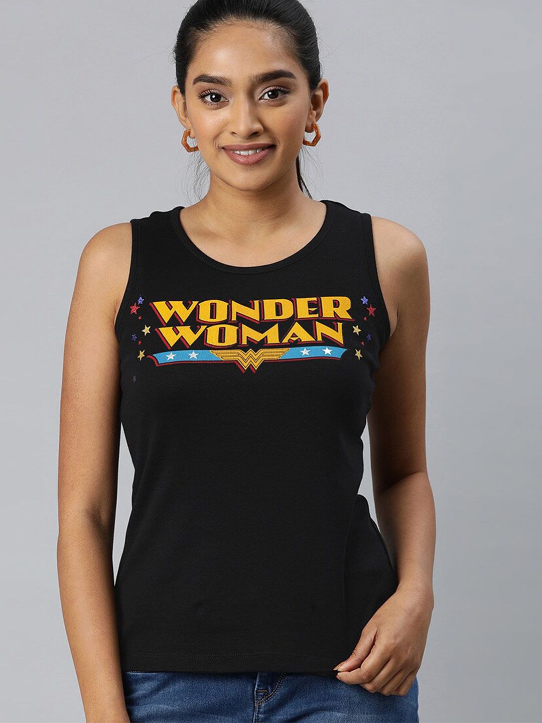 Kook N Keech Wonder Woman Black Pure Cotton Print Tank Top Price in India