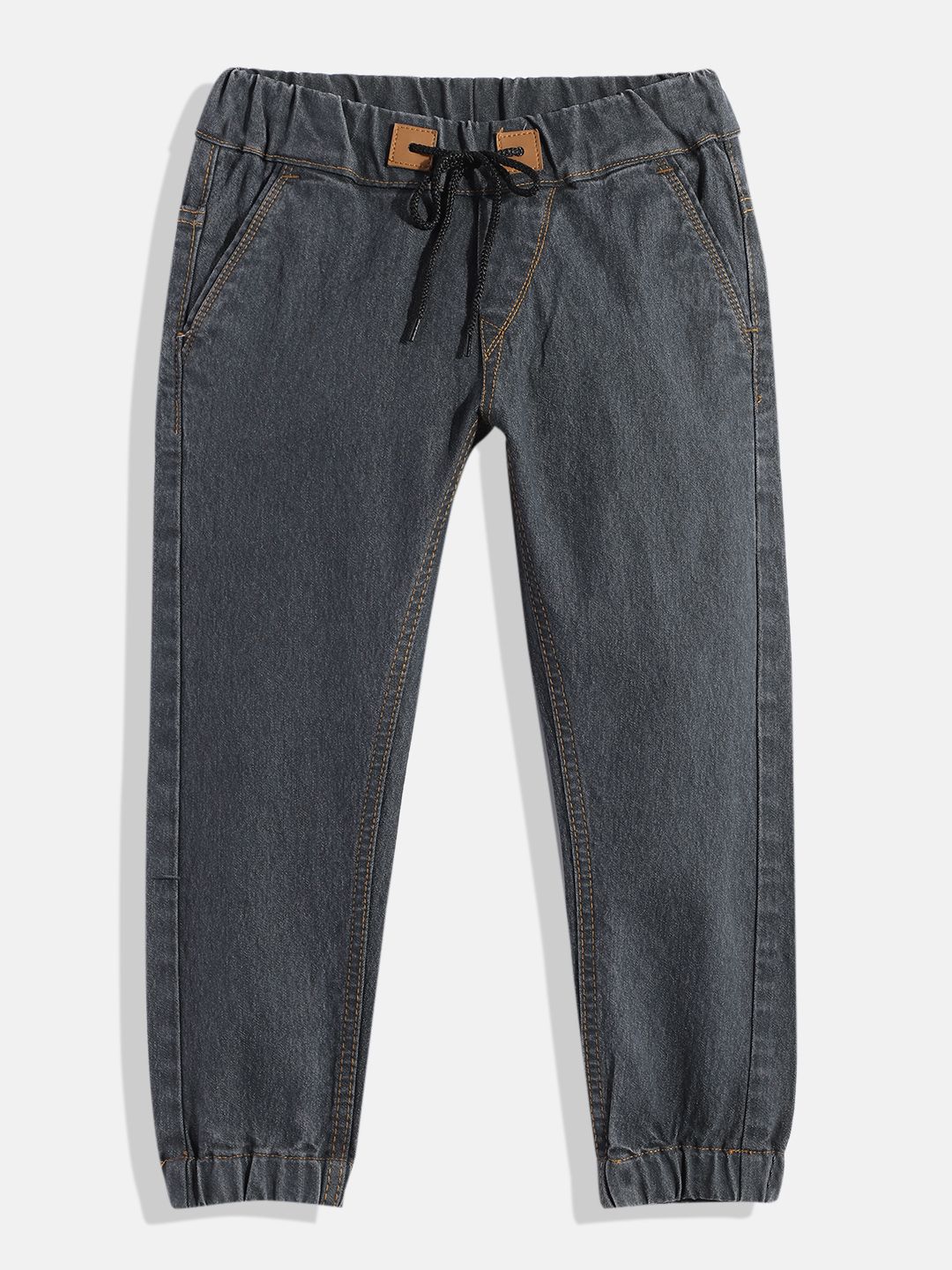 Urbano Juniors Boys Charcoal Grey Solid Slim Fit Denim Joggers