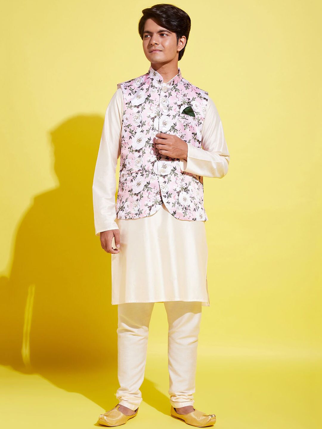 VASTRAMAY Boys Cream-Coloured Floral Kurta with Pyjamas