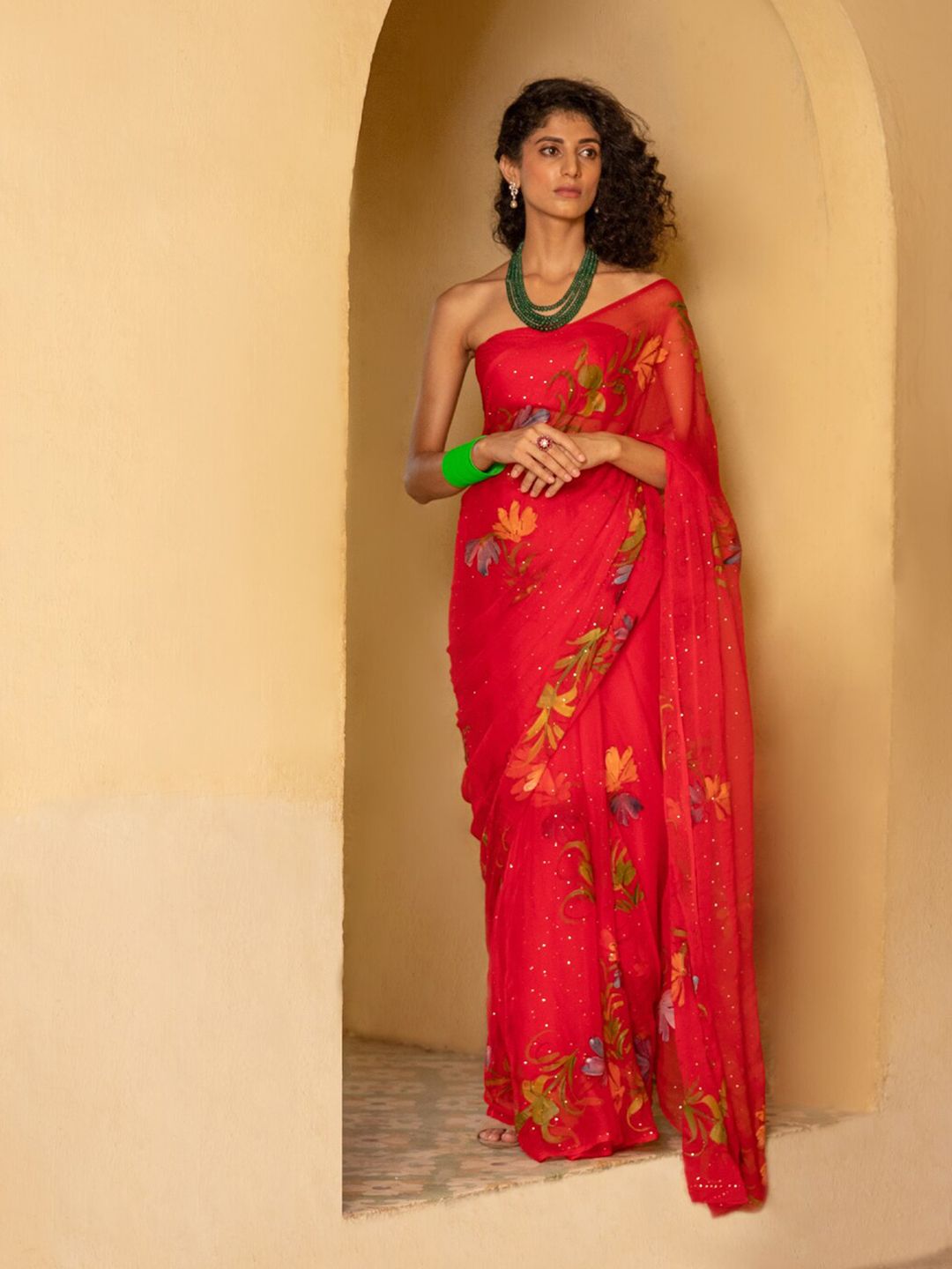 Geroo Jaipur Red & Green Mukaish Pure Chiffon Saree Price in India