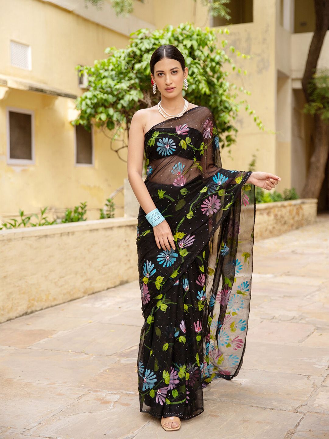 Geroo Jaipur Black & Green Floral Printed Mukaish Pure Chiffon Saree Price in India