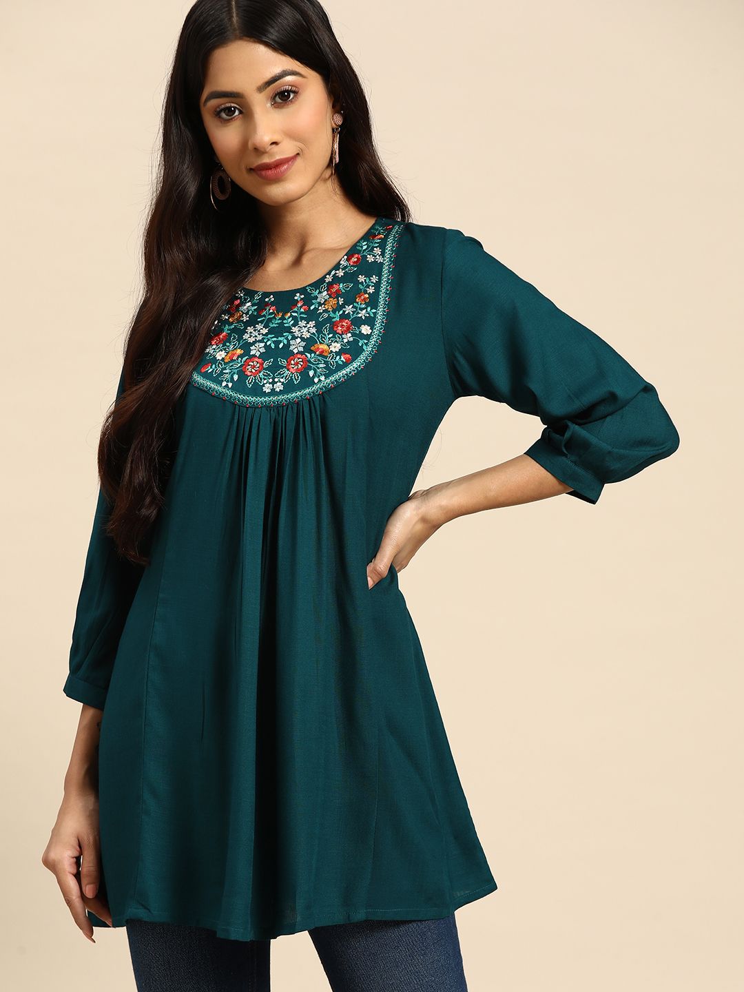 all about you Teal Floral Embroidered Longline Top Price in India
