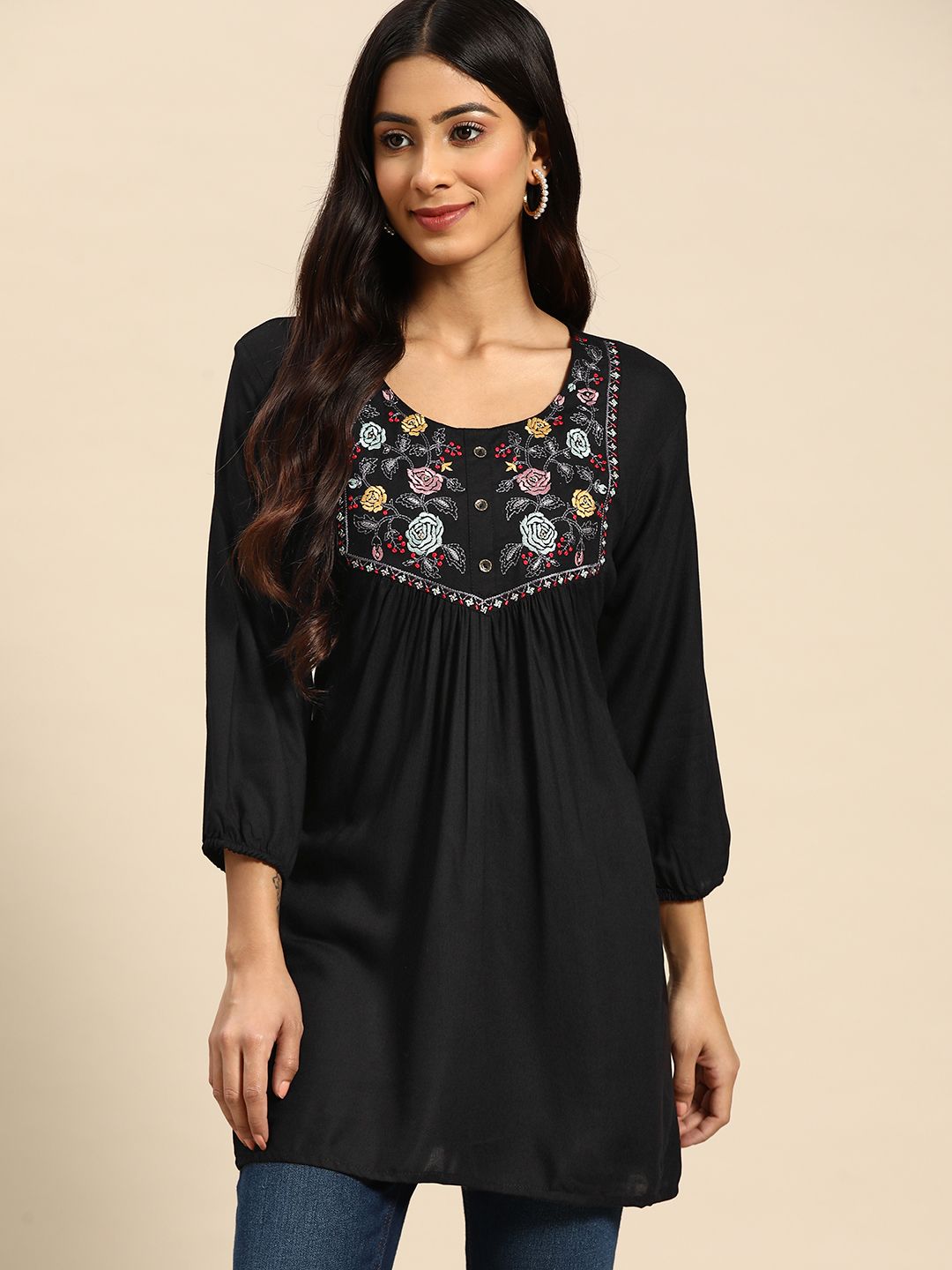 all about you Black Floral Embroidered Longline Top Price in India
