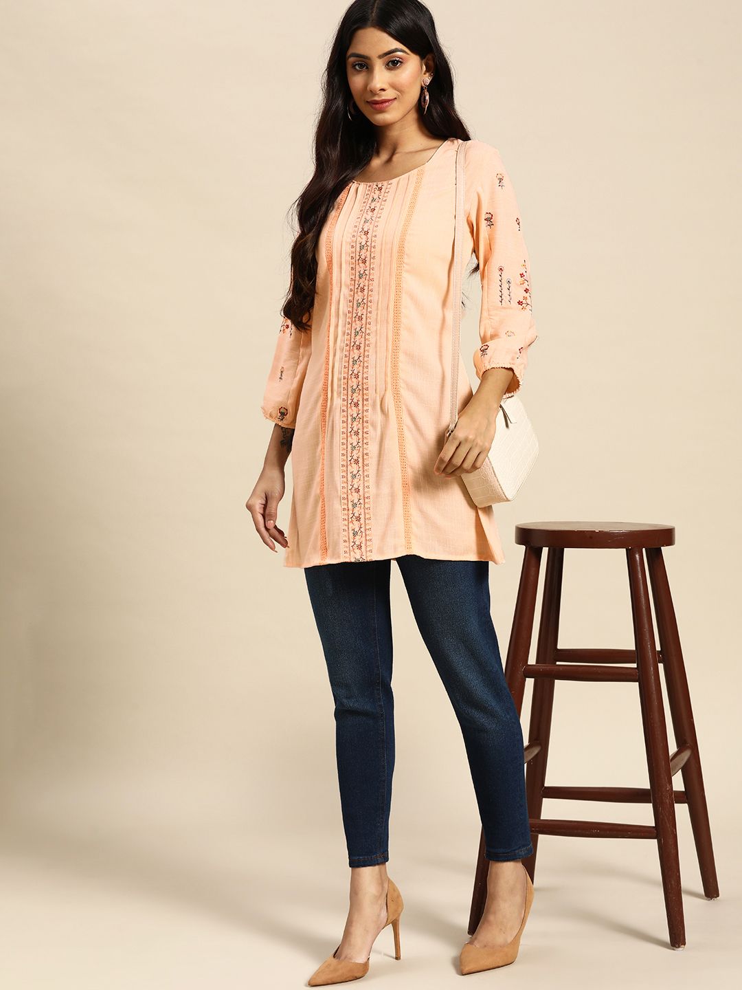 all about you Orange Floral Embroidered Longline Top Price in India