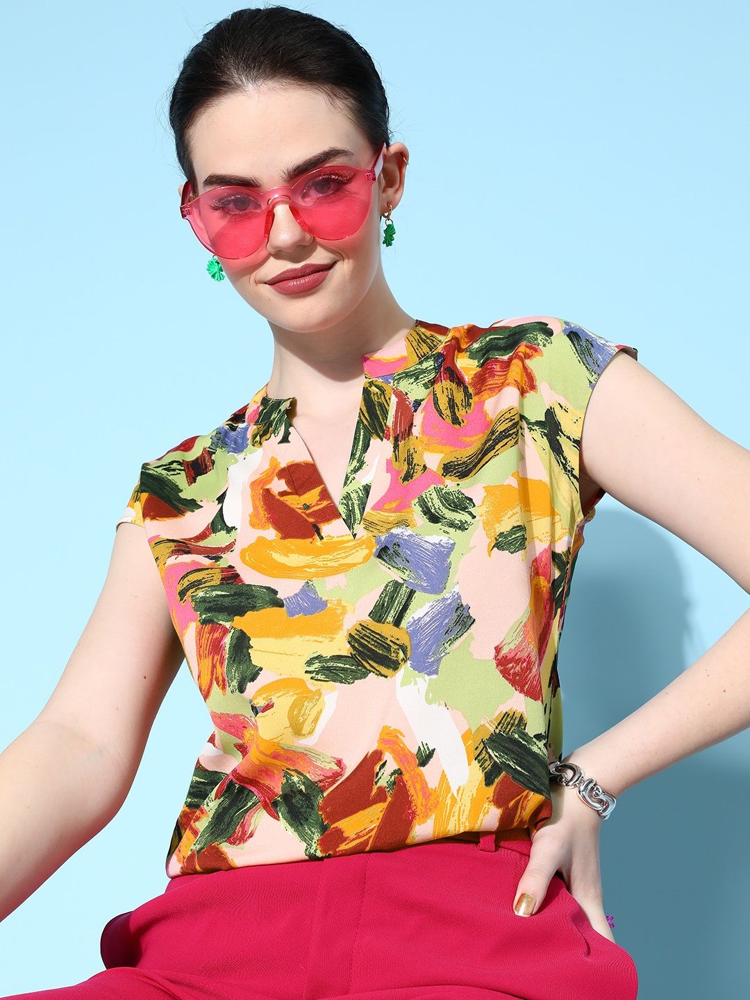 Berrylush Pink & Yellow Print Mandarin Collar Extended Sleeves Top Price in India