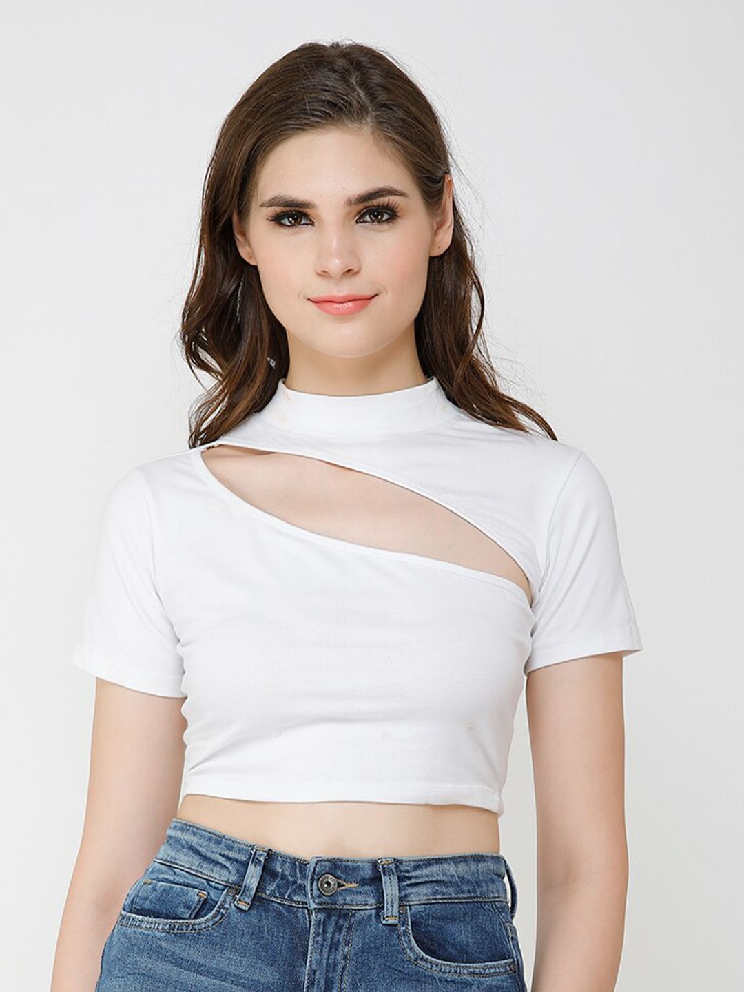 SCORPIUS White Solid Cut out High Neck Crop Top Price in India
