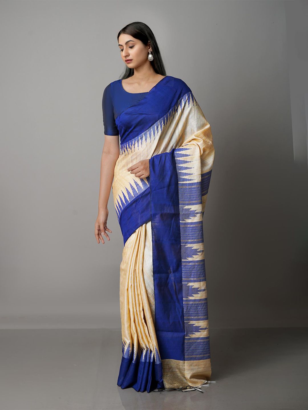 Unnati Silks Champagne & Silver-Toned Woven Design Zari Pure Silk Tussar Saree Price in India