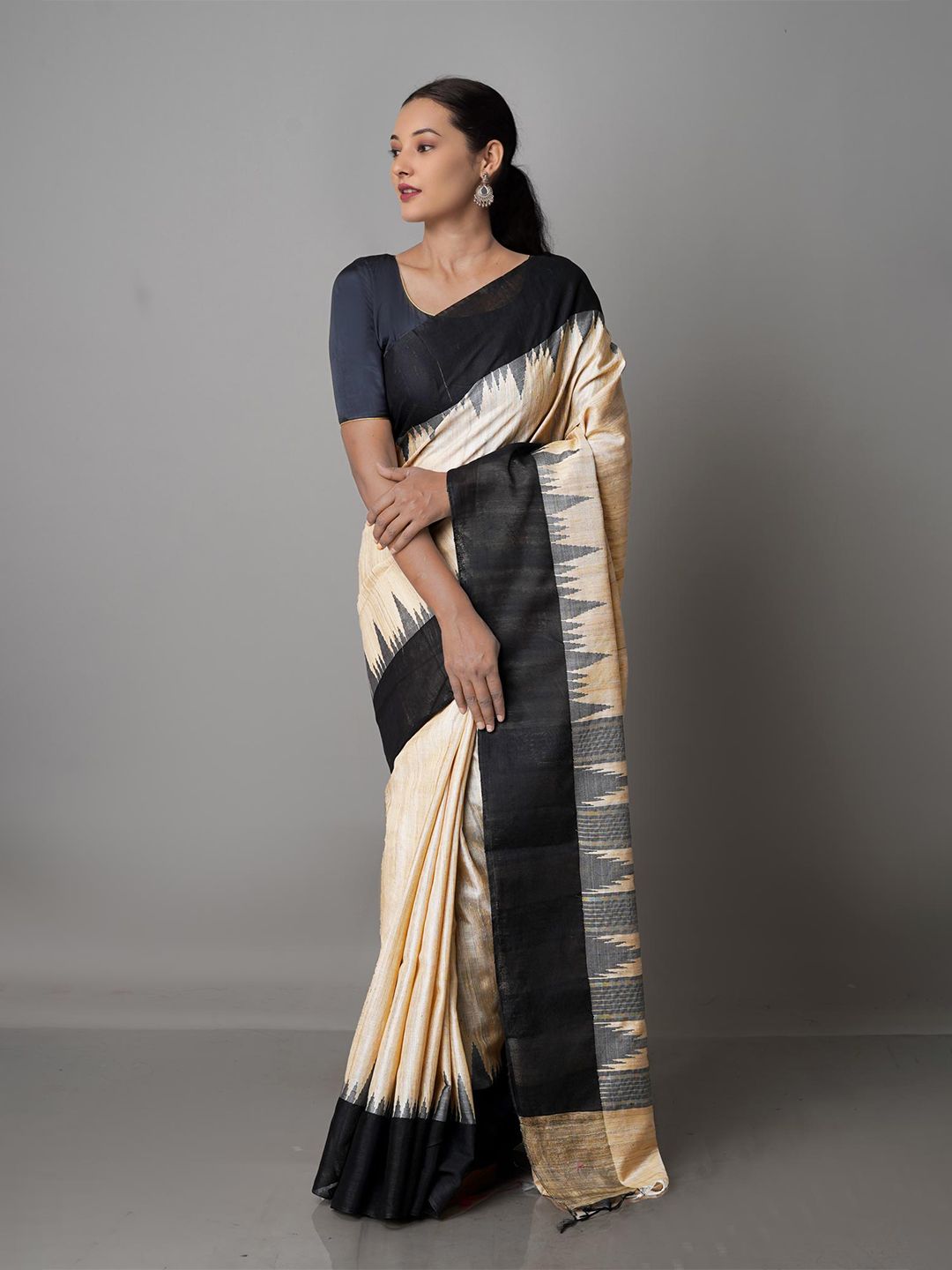 Unnati Silks Champagne & Black Woven Design Pure Silk Tussar Saree Price in India