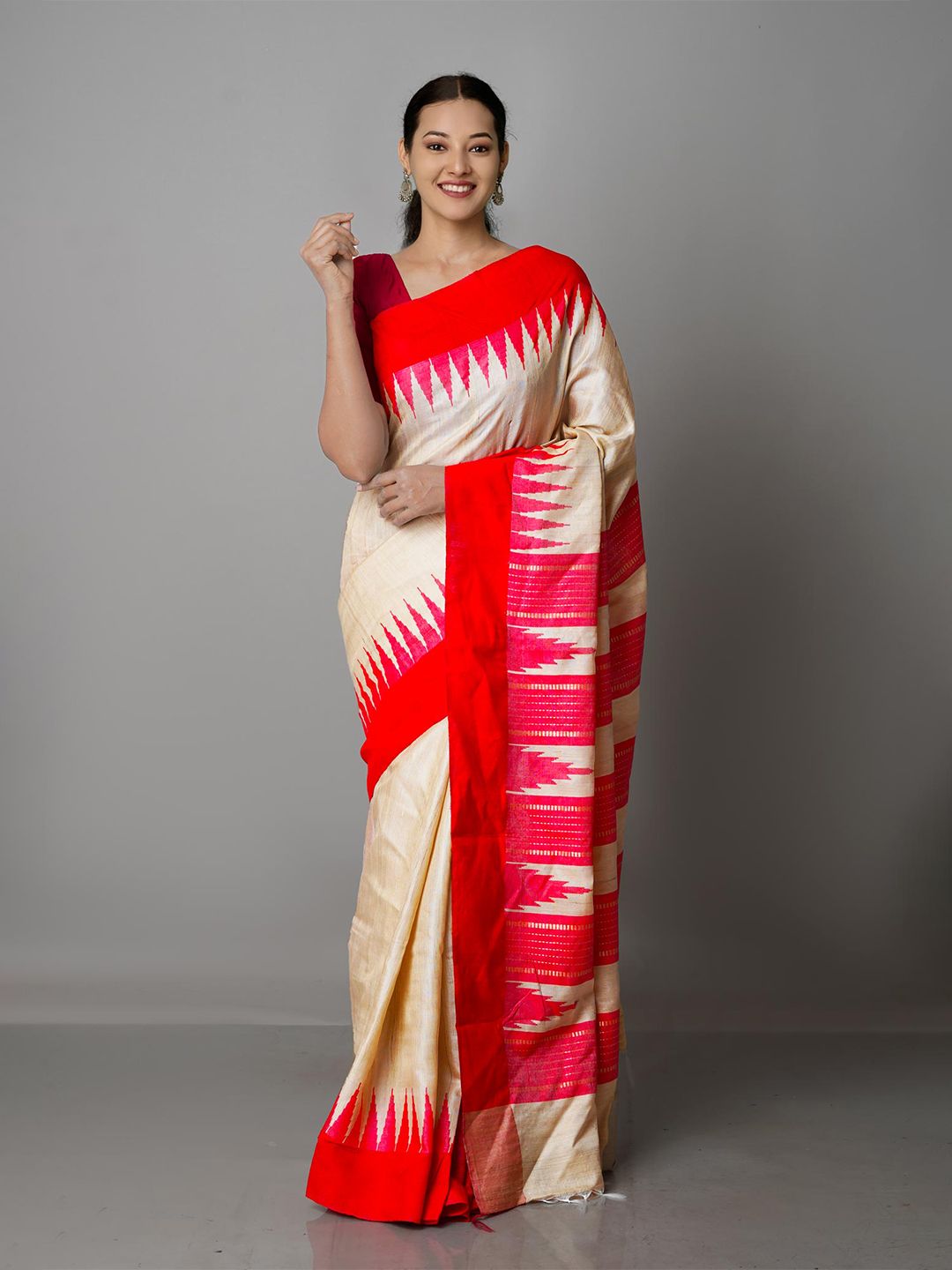 Unnati Silks Champagne & Silver-Toned Woven Design Zari Pure Silk Tussar Saree Price in India