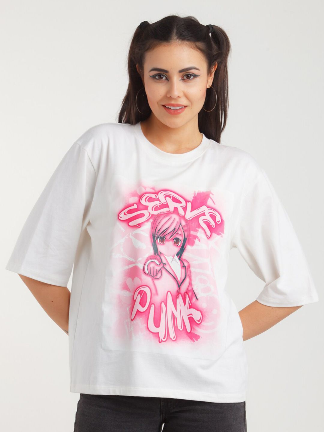 zink Z Women White & Pink Graphic Print Oversized Top Price in India