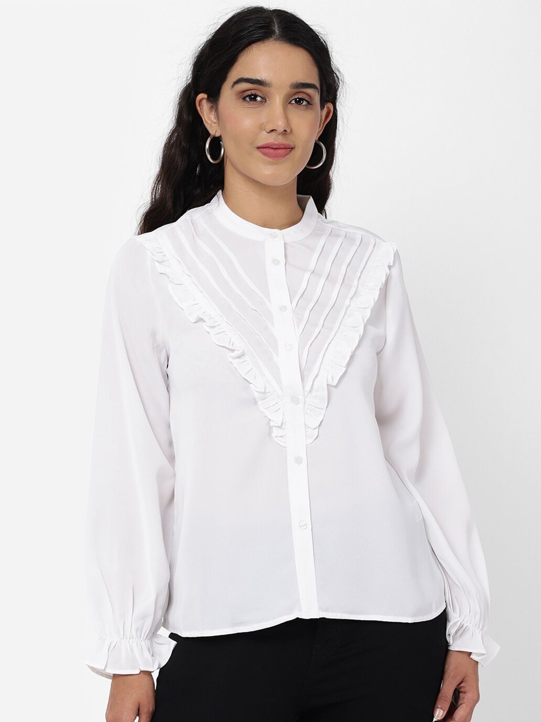 R&B White Mandarin Collar Shirt Style Top Price in India