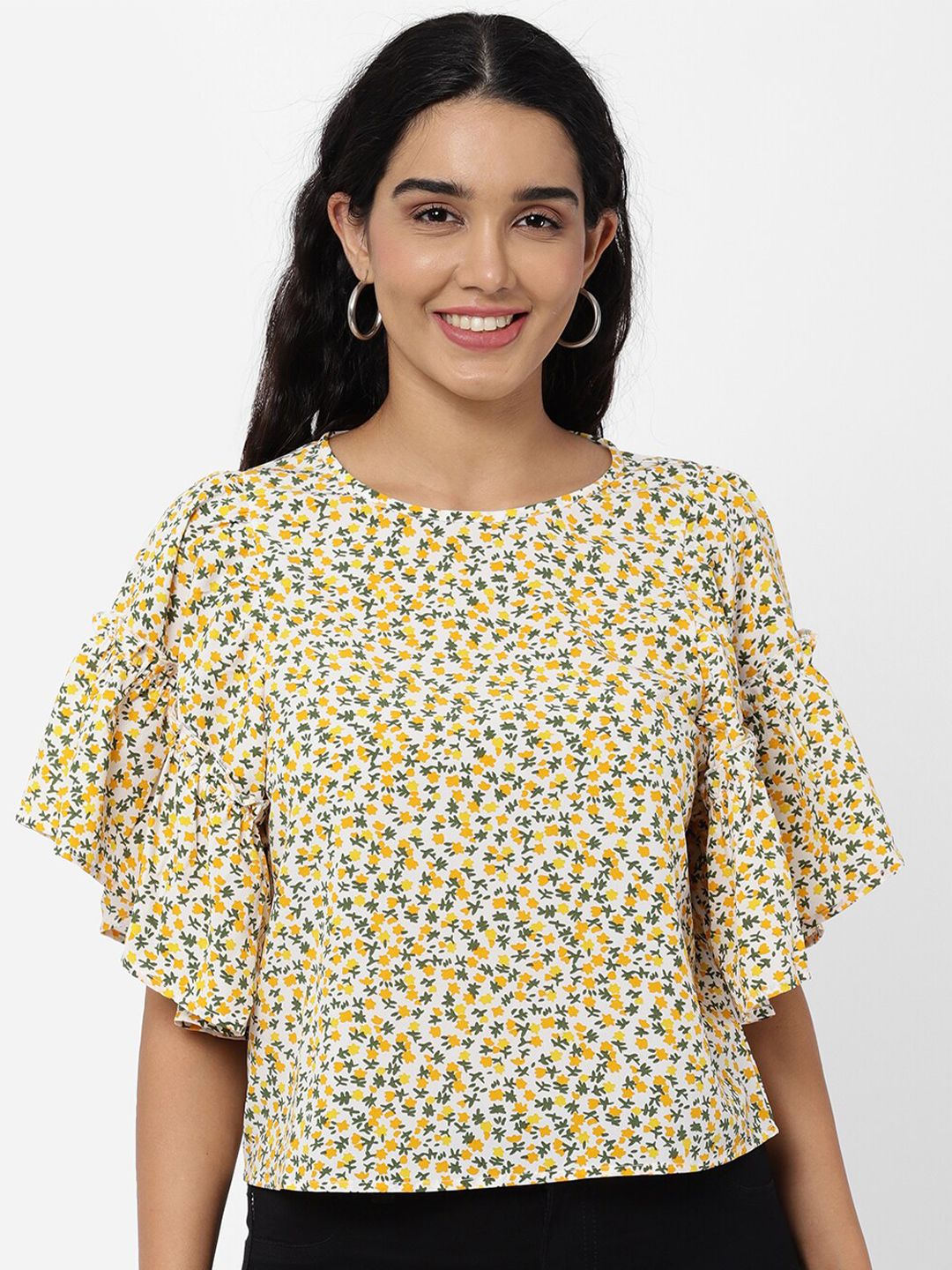 R&B White & Yellow Floral Print Top Price in India