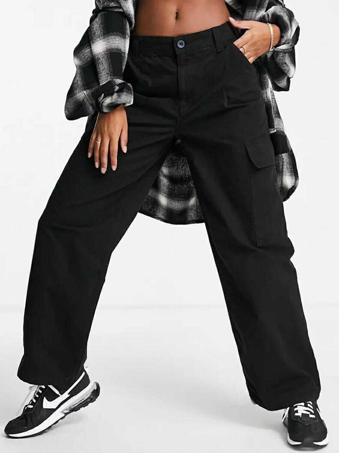 Next One Women Black Relaxed Straight Leg Loose Fit High-Rise Easy Wash Cargos Trousers Price in India