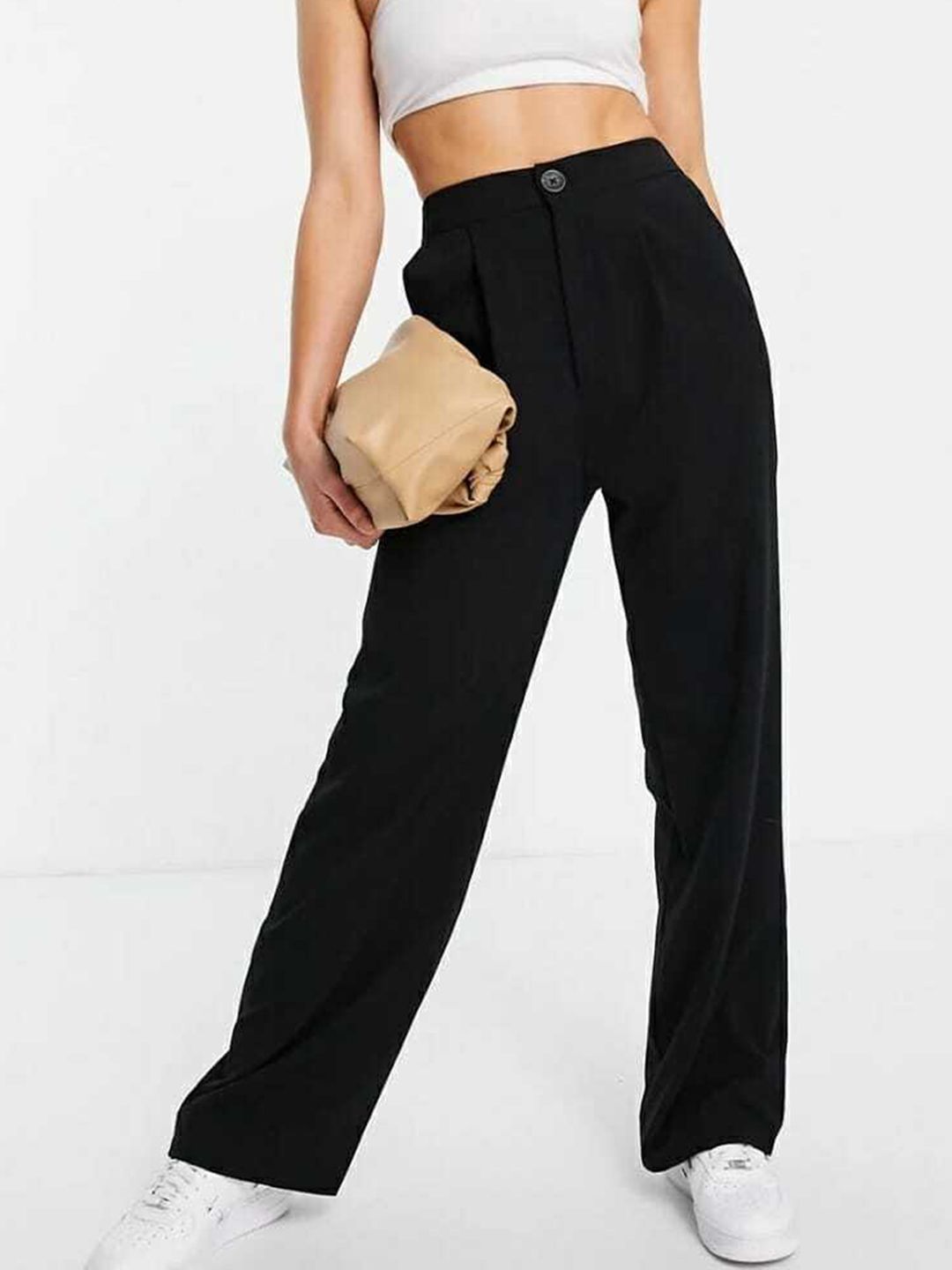 Next One Women Black Relaxed Straight Leg Loose Fit High-Rise Easy Wash Pleated Trousers Price in India