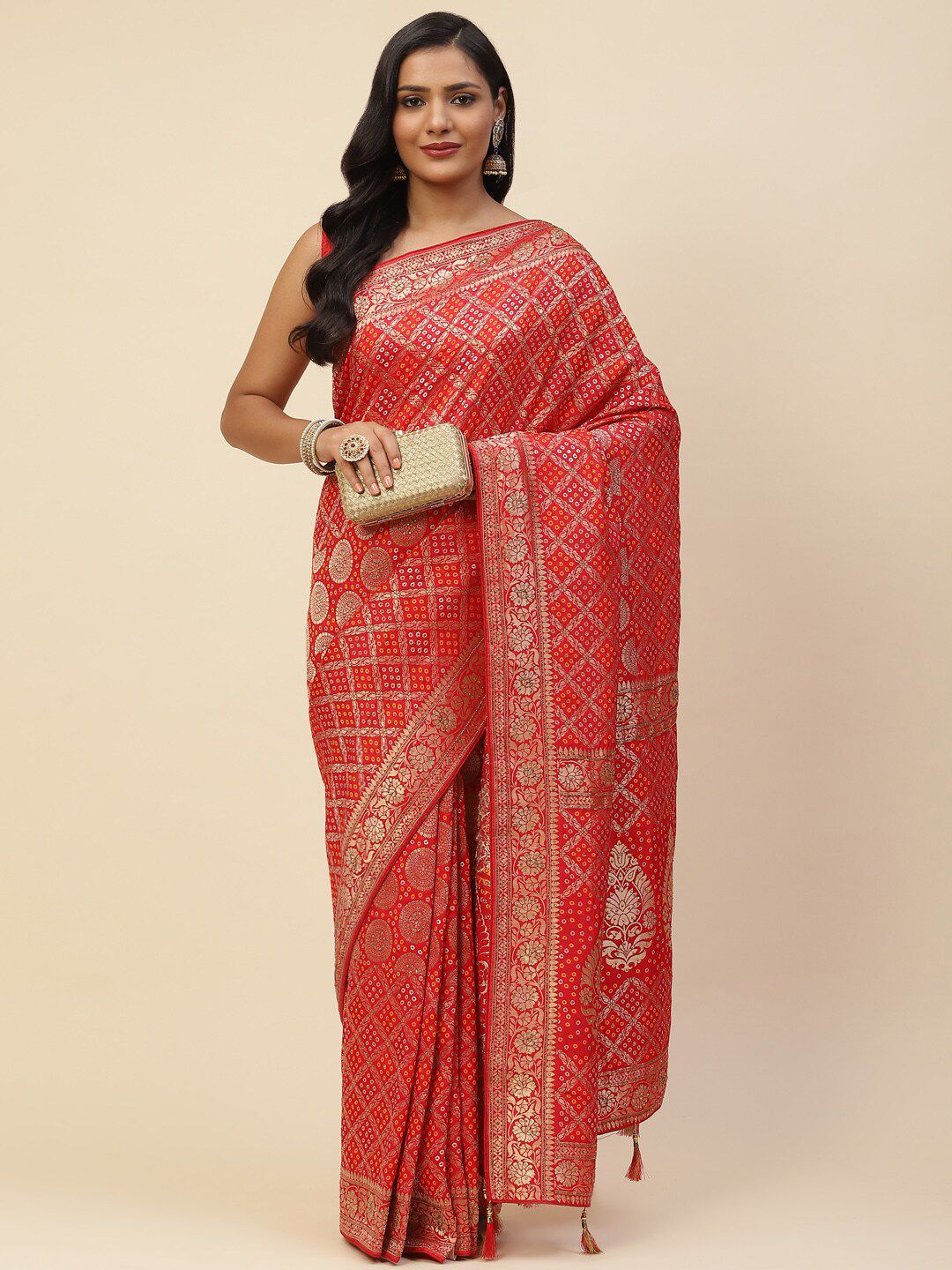 Meena Bazaar Women Red & Gold-Toned Art Silk Banarasi Saree Price in India