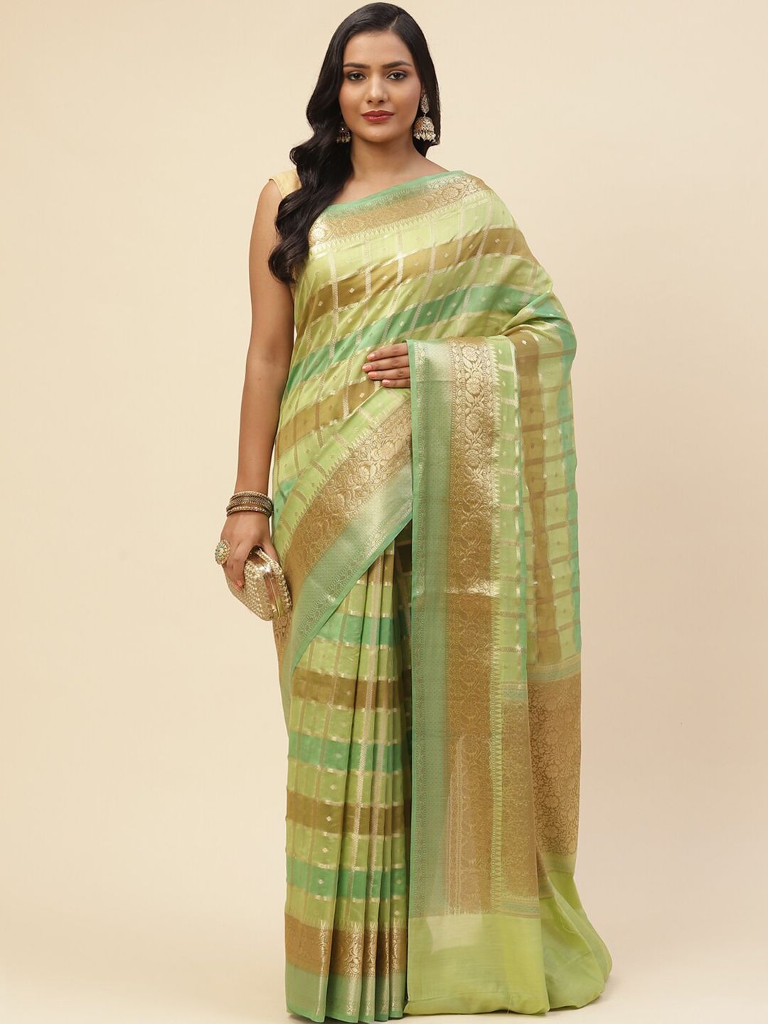 Meena Bazaar Women Green & Gold-Toned Striped Zari Pure Cotton Saree Price in India