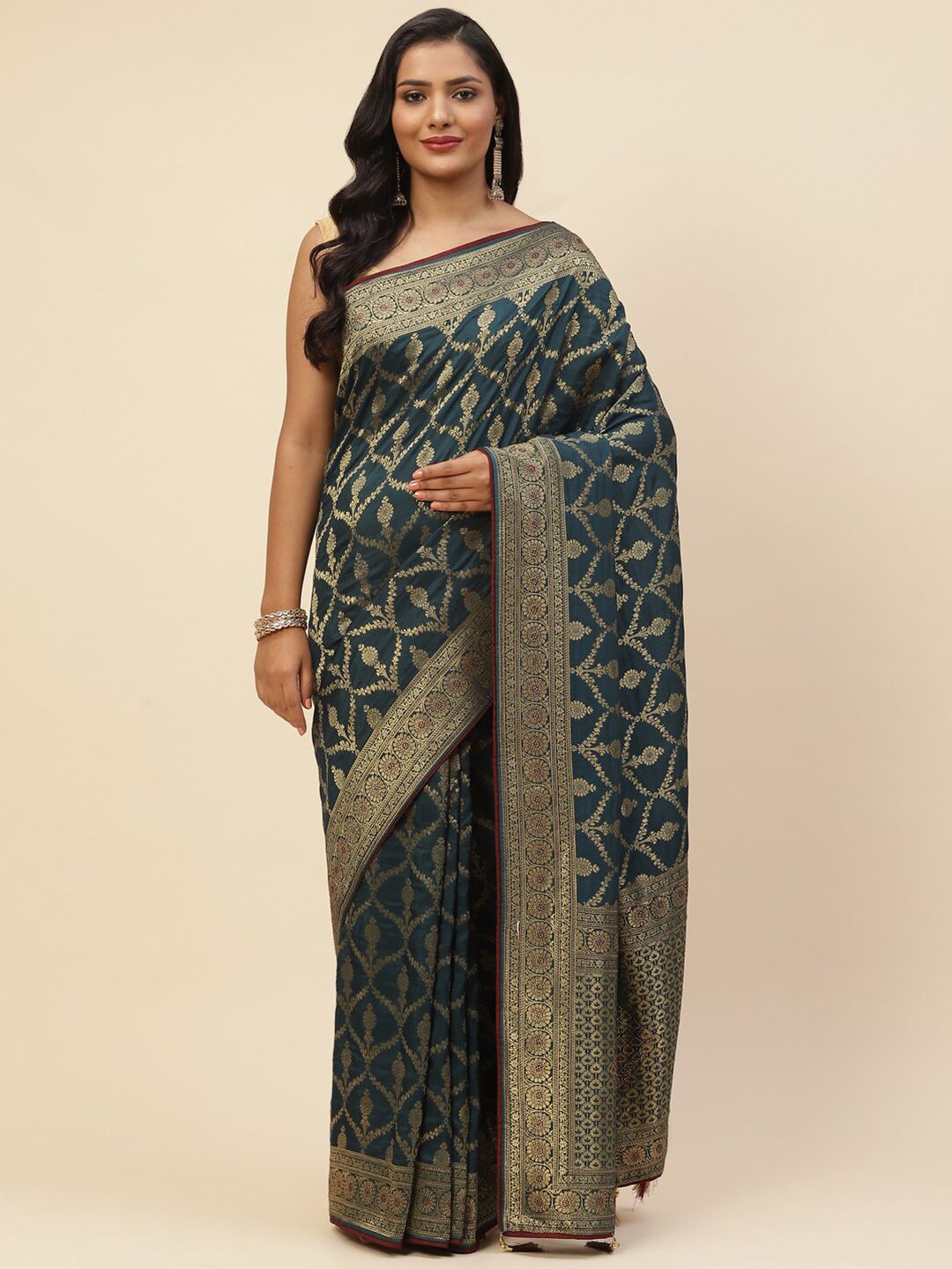 Meena Bazaar Women Blue & Gold-Toned Floral Embroidered Art Silk Banarasi Saree Price in India