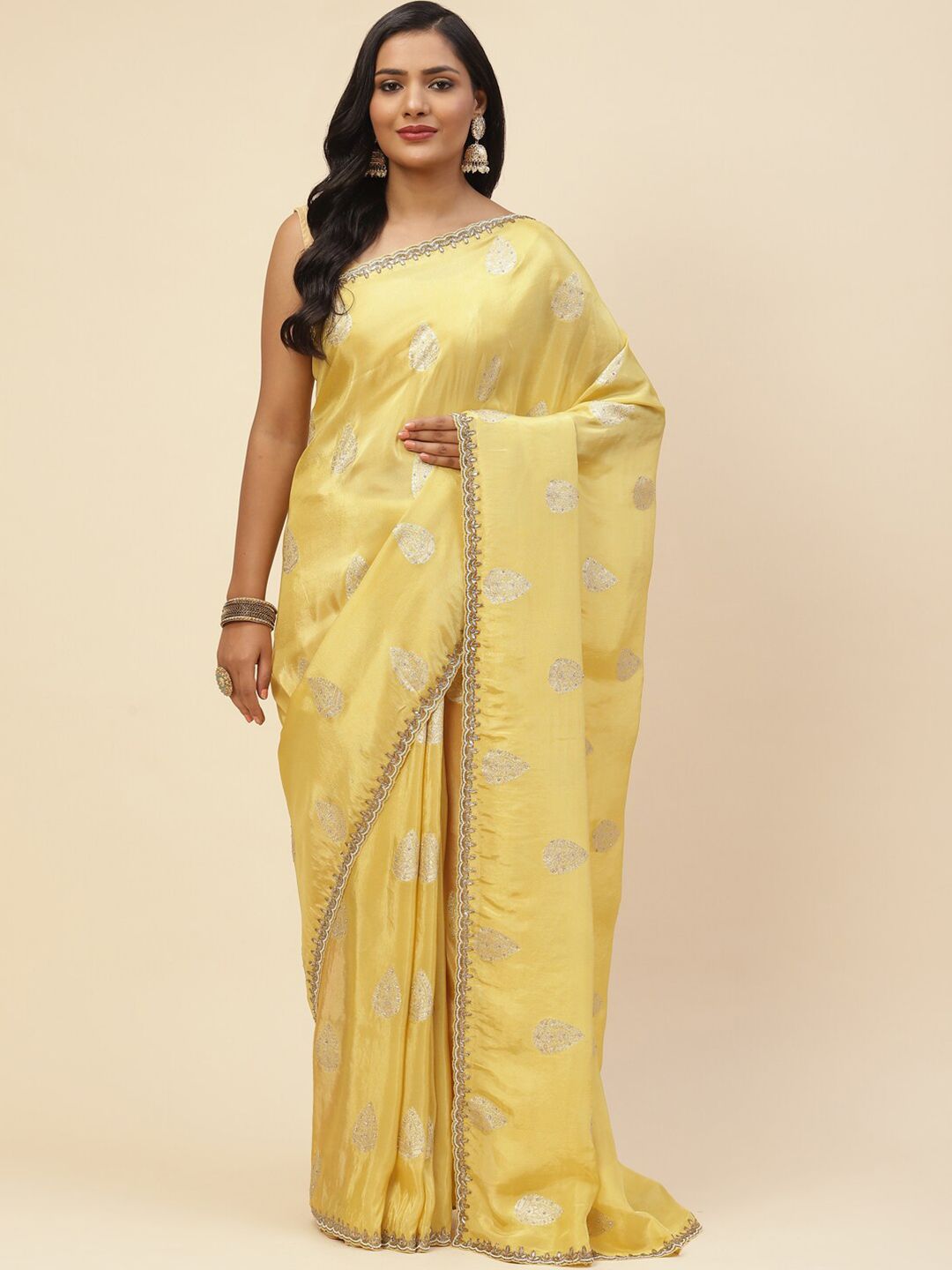 Meena Bazaar Women Yellow & Silver-Toned Floral Embroidered Art Silk Banarasi Saree Price in India