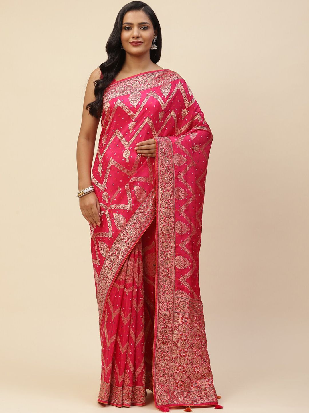 Meena Bazaar Pink & Gold-Toned Floral Zari Art Silk Banarasi Saree Price in India