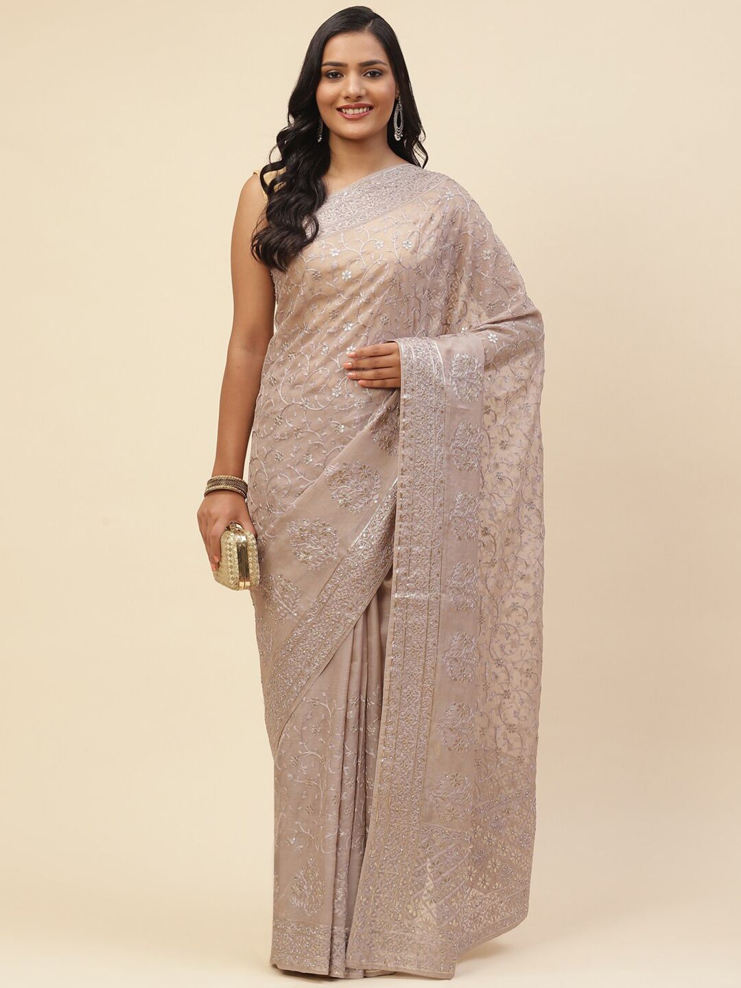 Meena Bazaar Women Beige & Silver-Toned Floral Embroidered Organza Saree Price in India