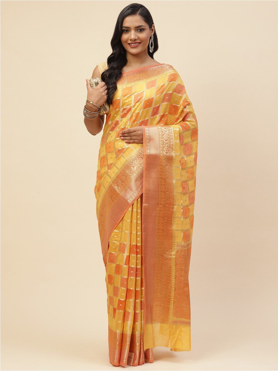 Meena Bazaar Women Yellow & Orange Woven Design Zari Pure Cotton Saree Price in India