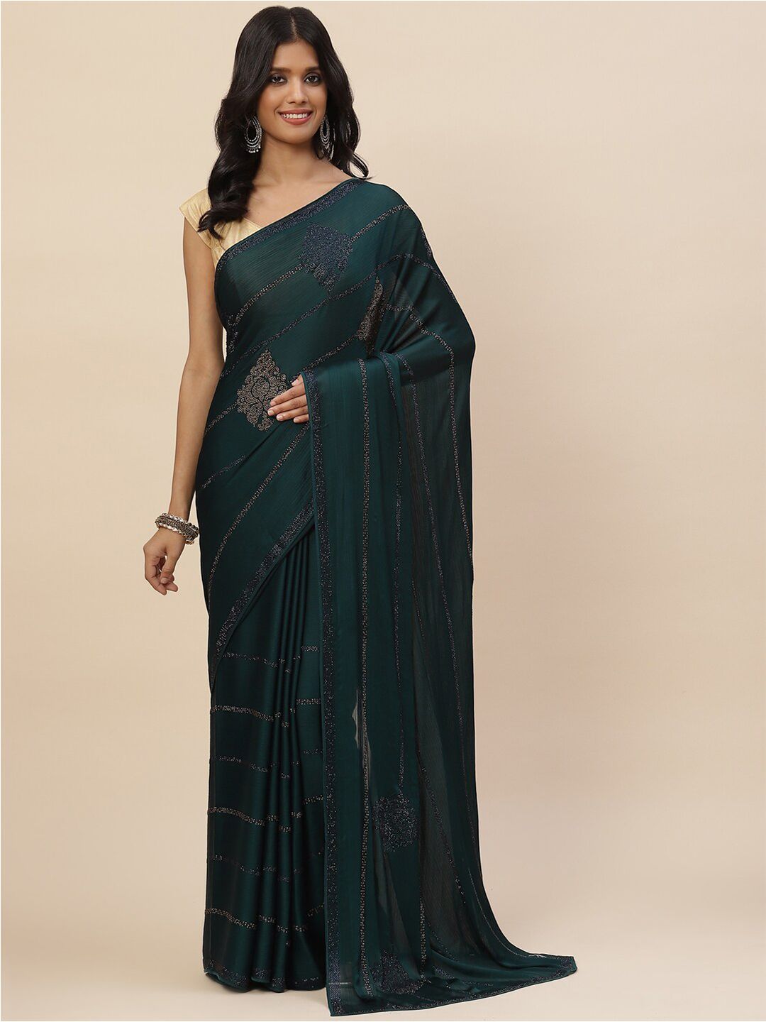 Meena Bazaar Women Green & Gold-Toned Floral Embroidered Saree Price in India