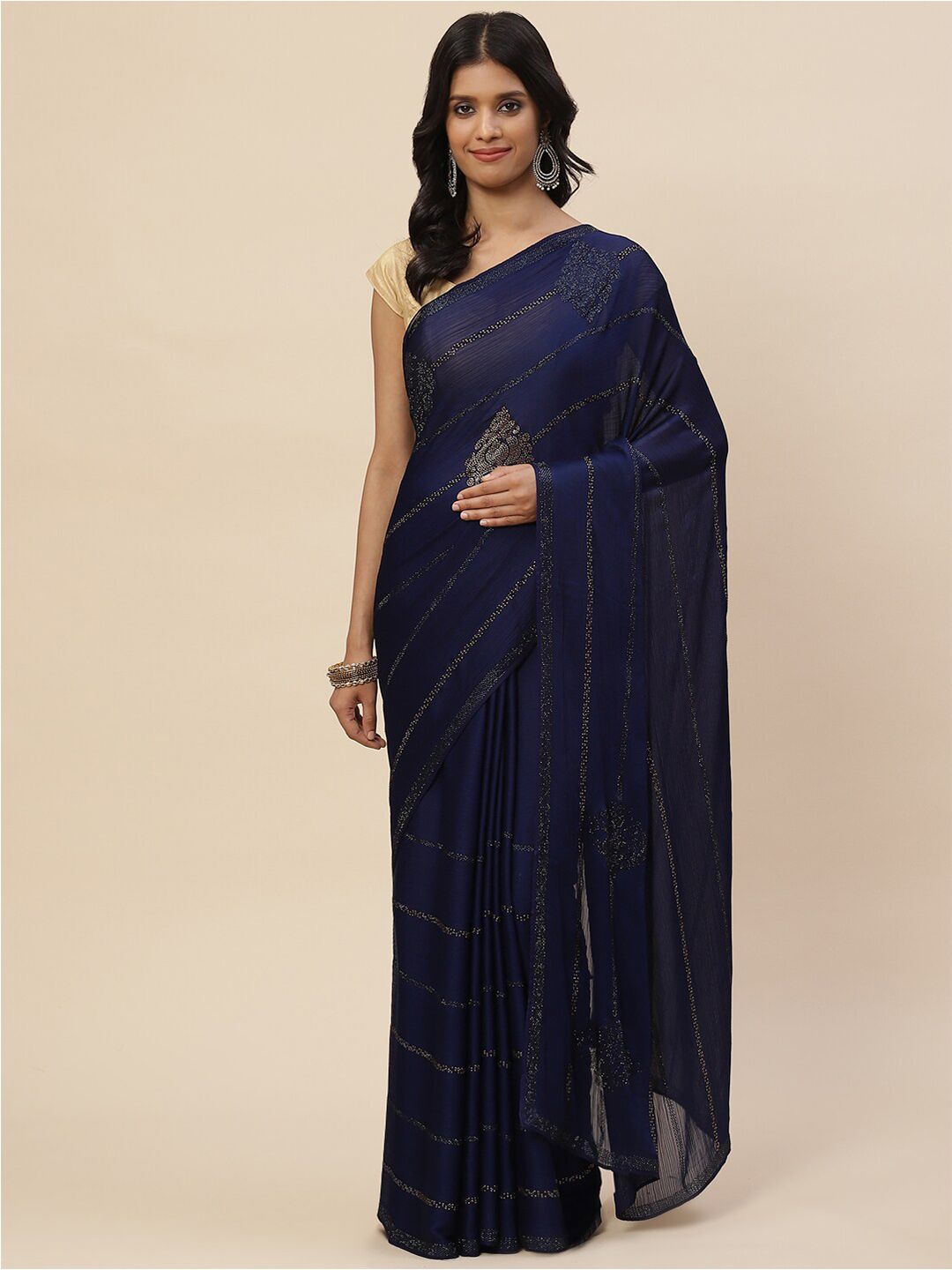 Meena Bazaar Women Navy Blue & Gold-Toned Embellished Beads and Stones Saree Price in India