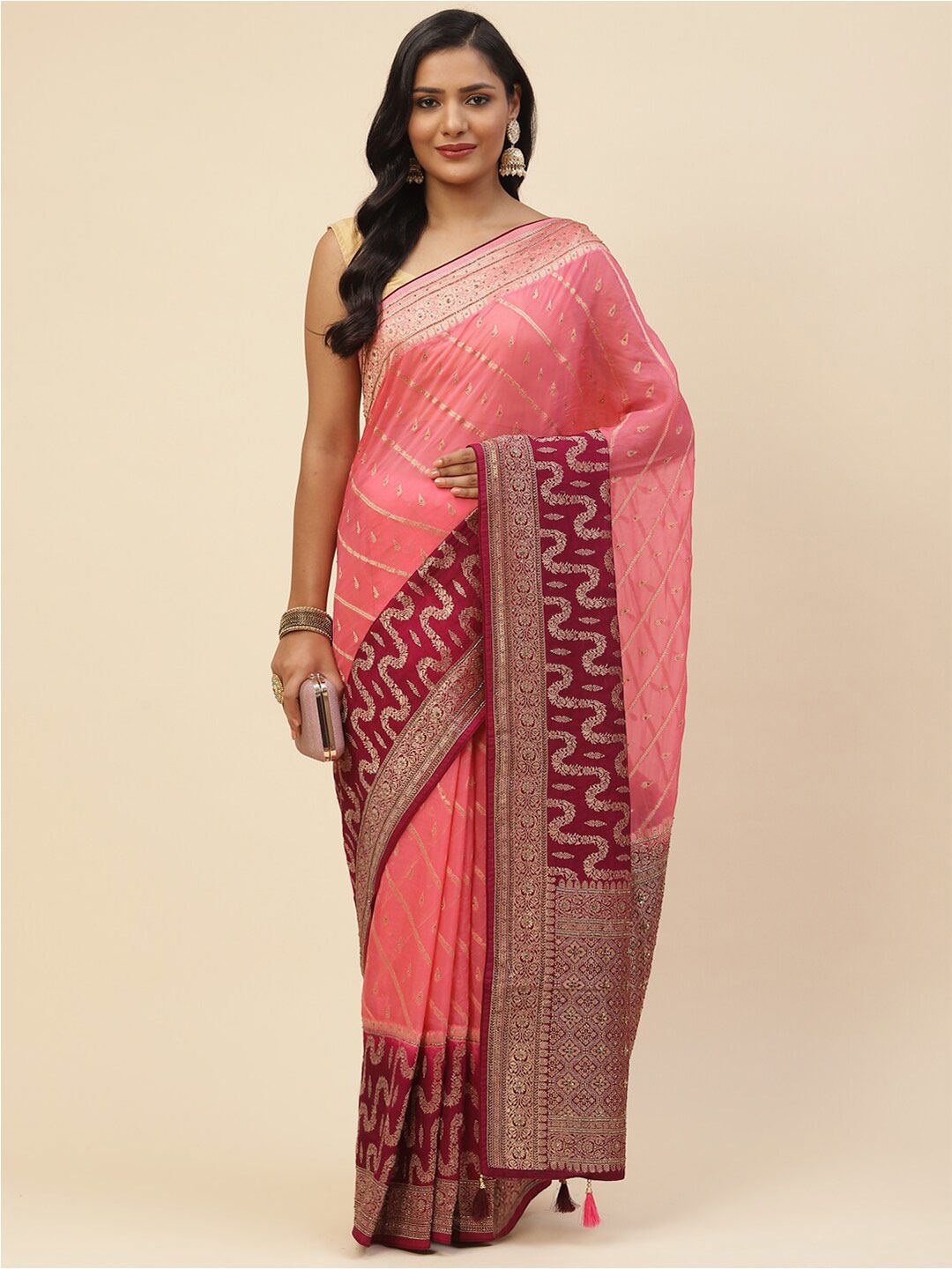 Meena Bazaar Women Pink & Maroon Floral Zari Organza Saree Price in India