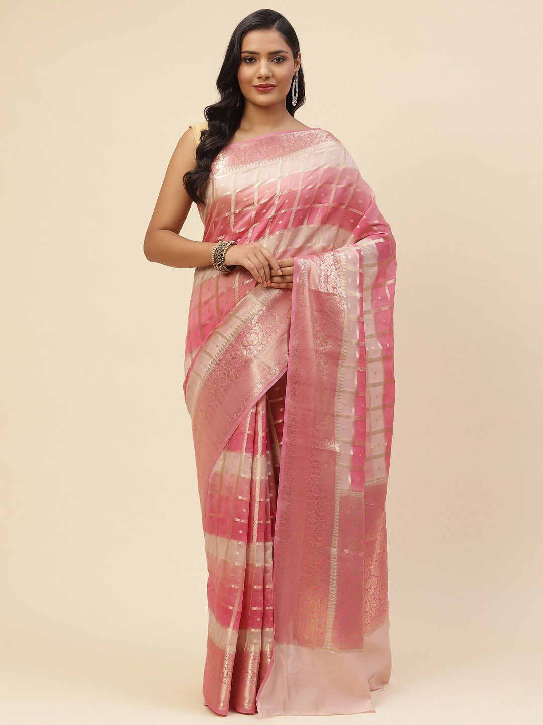 Meena Bazaar Peach-Coloured & Gold-Toned Woven Design Zari Pure Cotton Saree Price in India